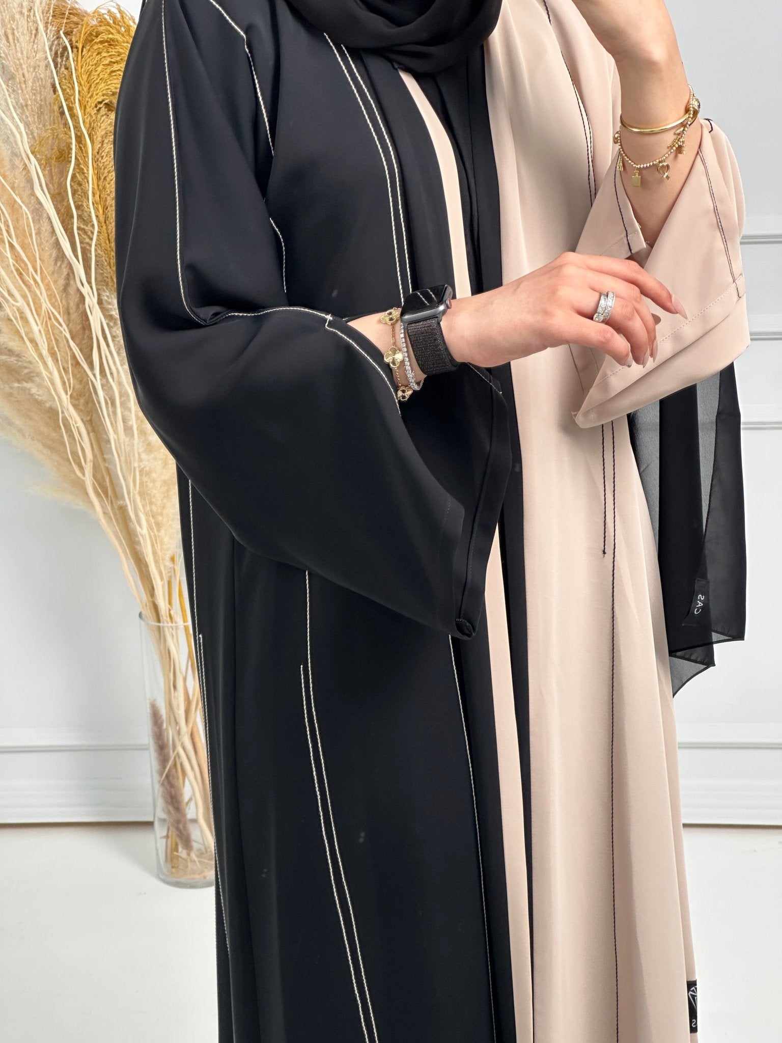 C - Black - Beige - Work - Abaya - Set - 168