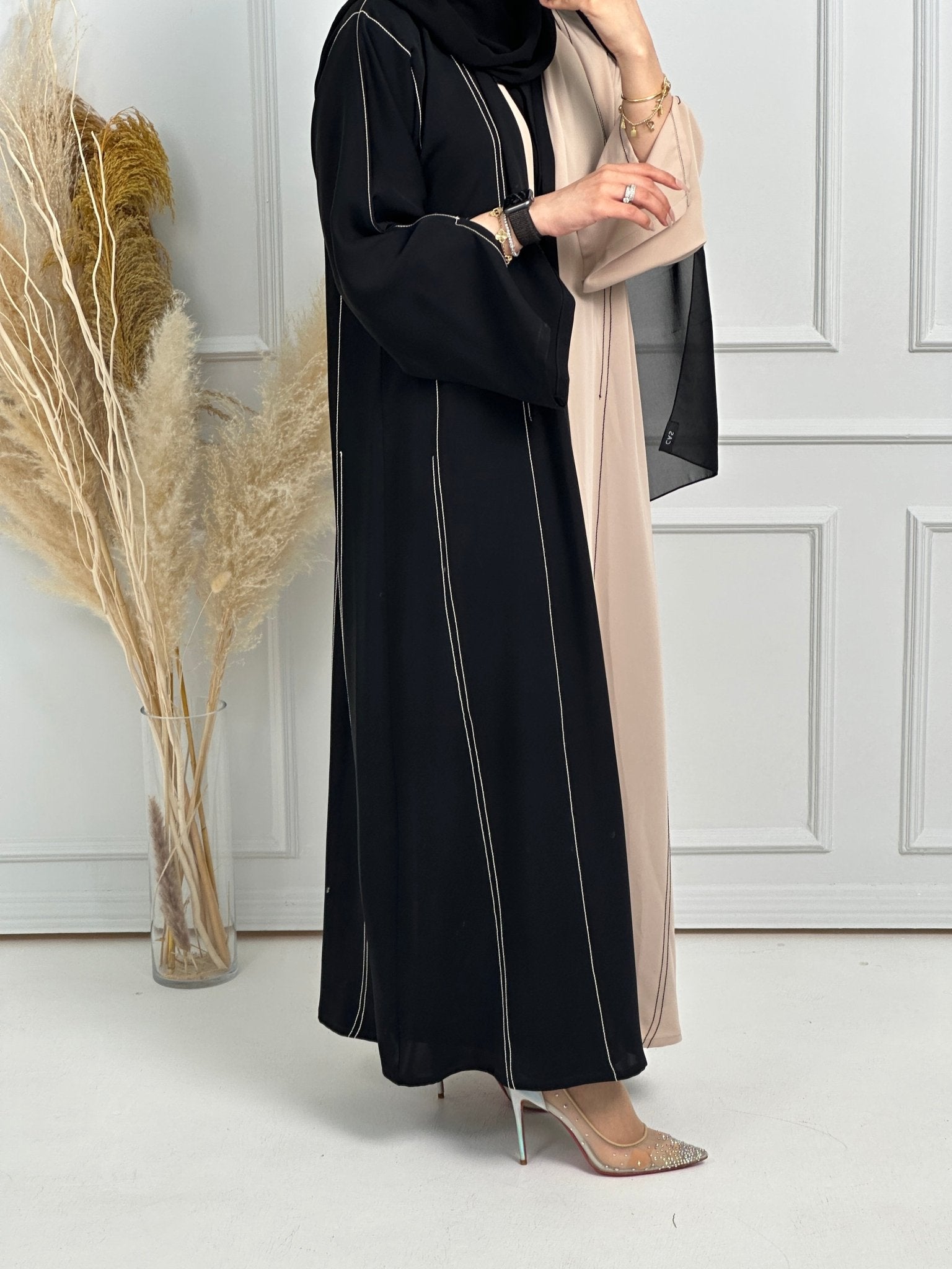 C - Black - Beige - Work - Abaya - Set - 168