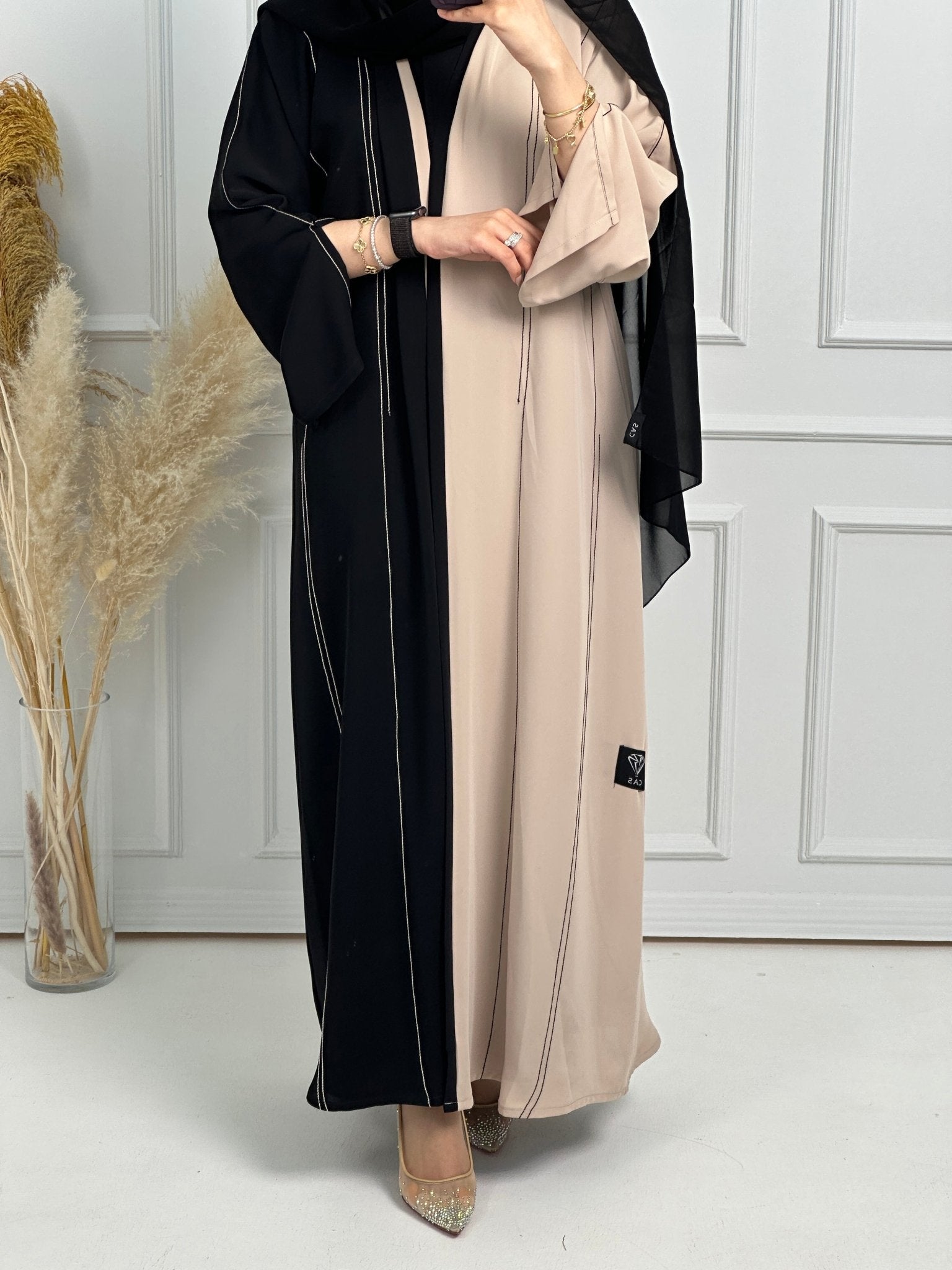 C - Black - Beige - Work - Abaya - Set - 168