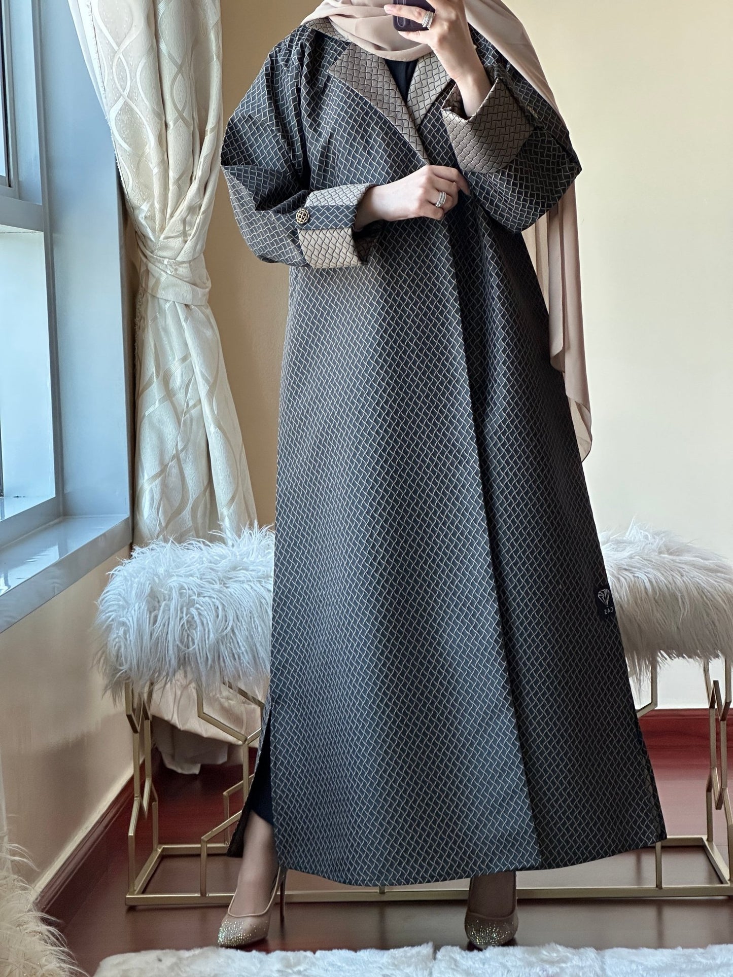 C - Black - Beige - Work - Abaya - Set - 94