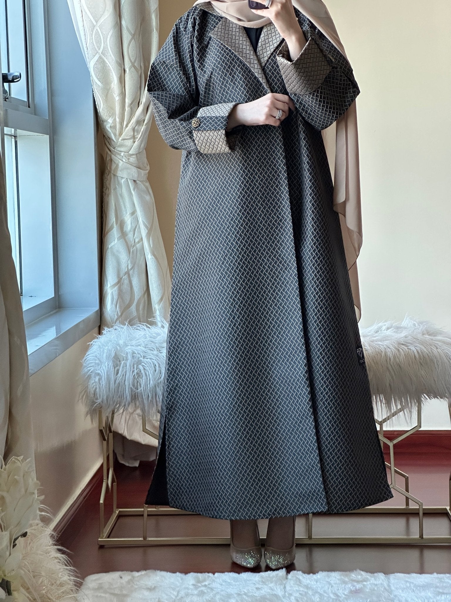 C - Black - Beige - Work - Abaya - Set - 94