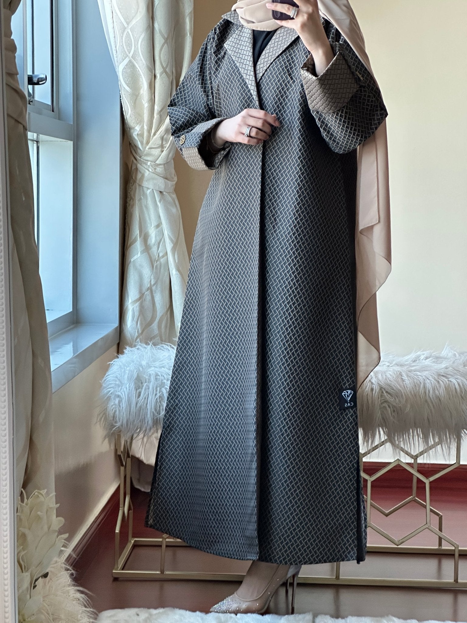 C - Black - Beige - Work - Abaya - Set - 94