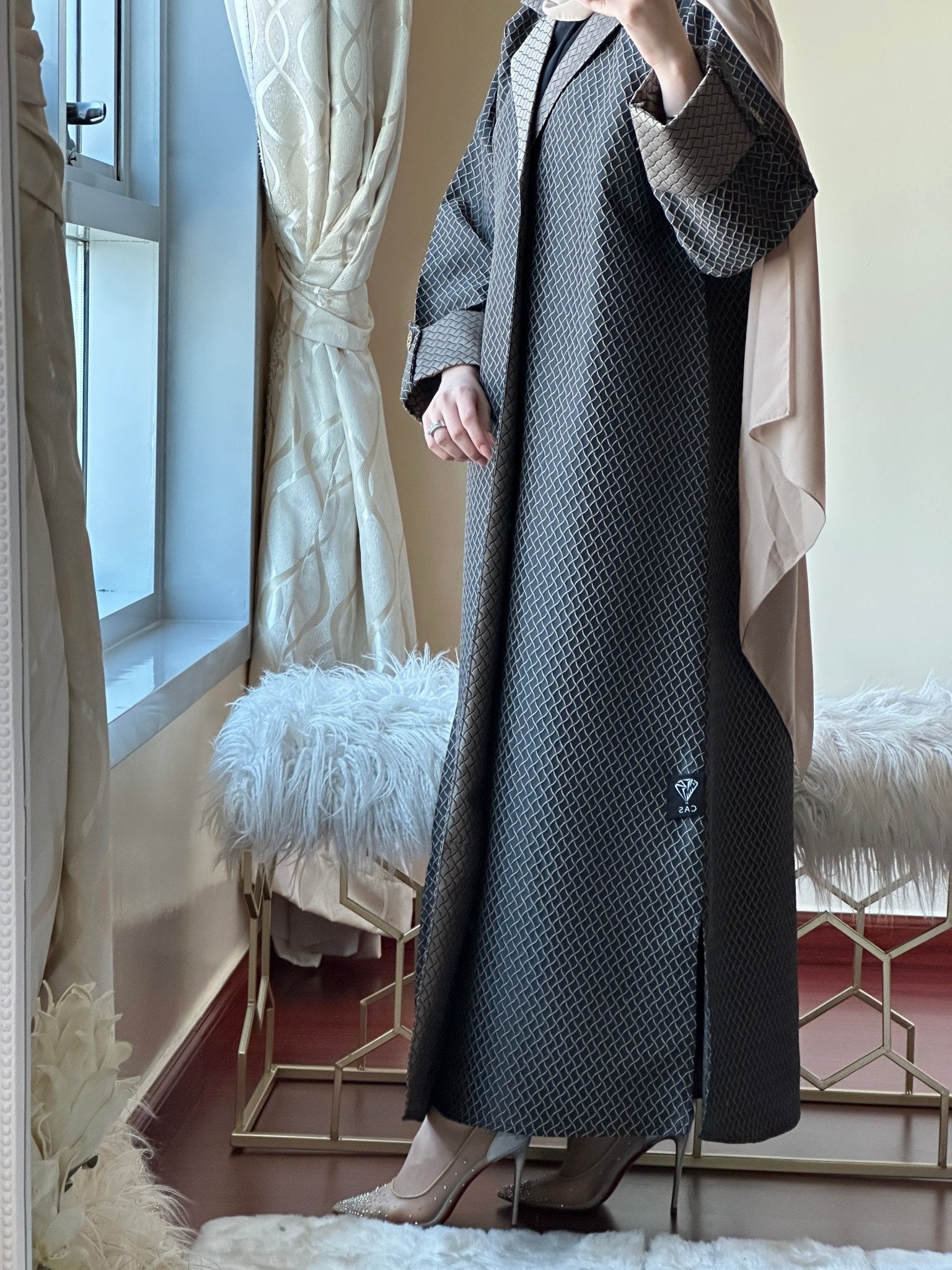 C - Black - Beige - Work - Abaya - Set - 94