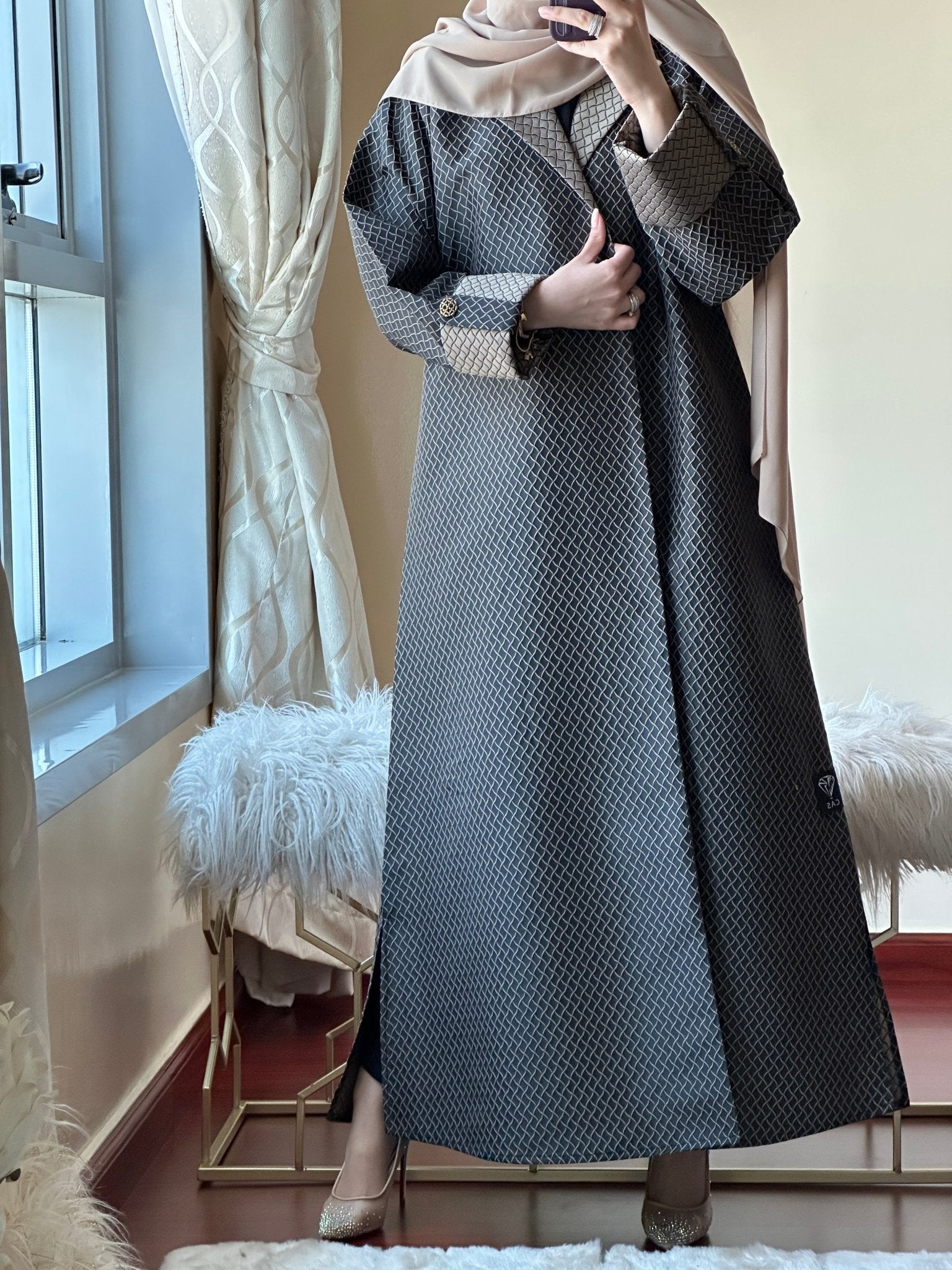 C - Black - Beige - Work - Abaya - Set - 94