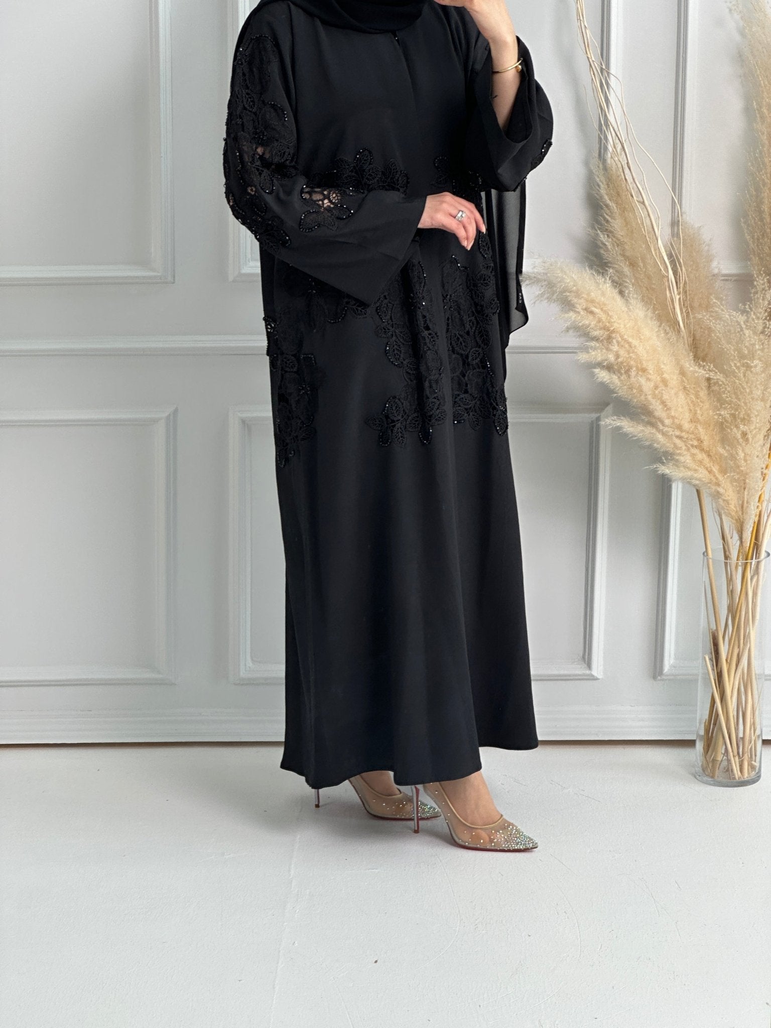 C - Black - Crepe - Dantel - Evening - Abaya - 60