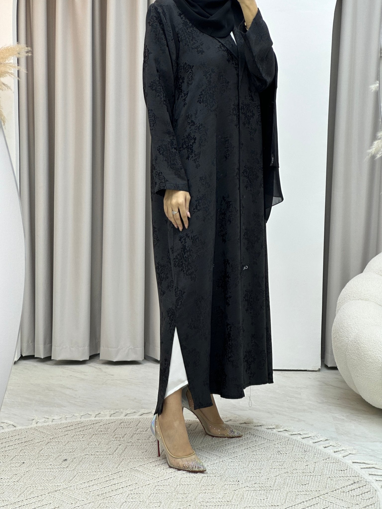 C Black Floral Print Coat Abaya Set