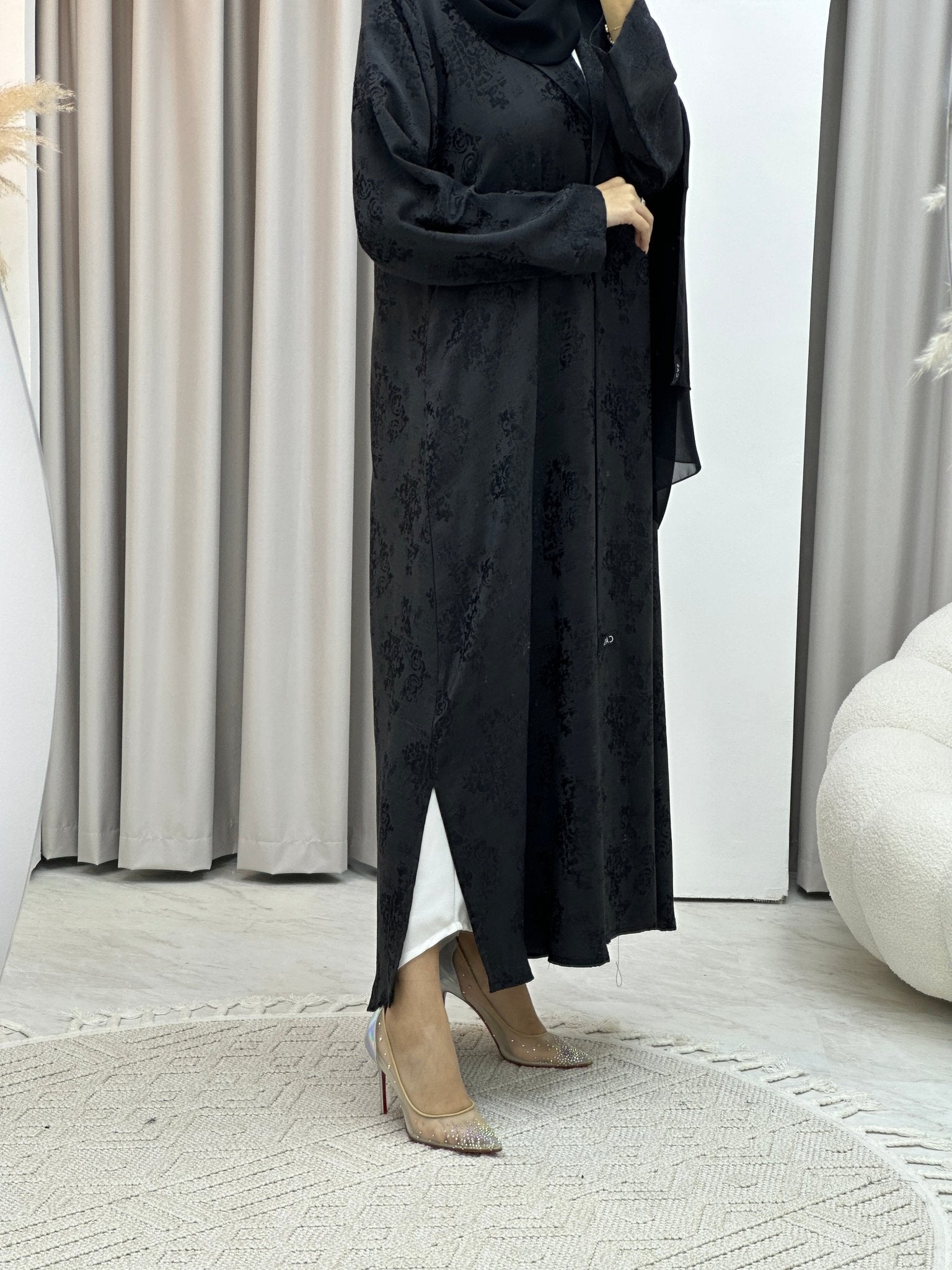 C Black Floral Print Coat Abaya Set