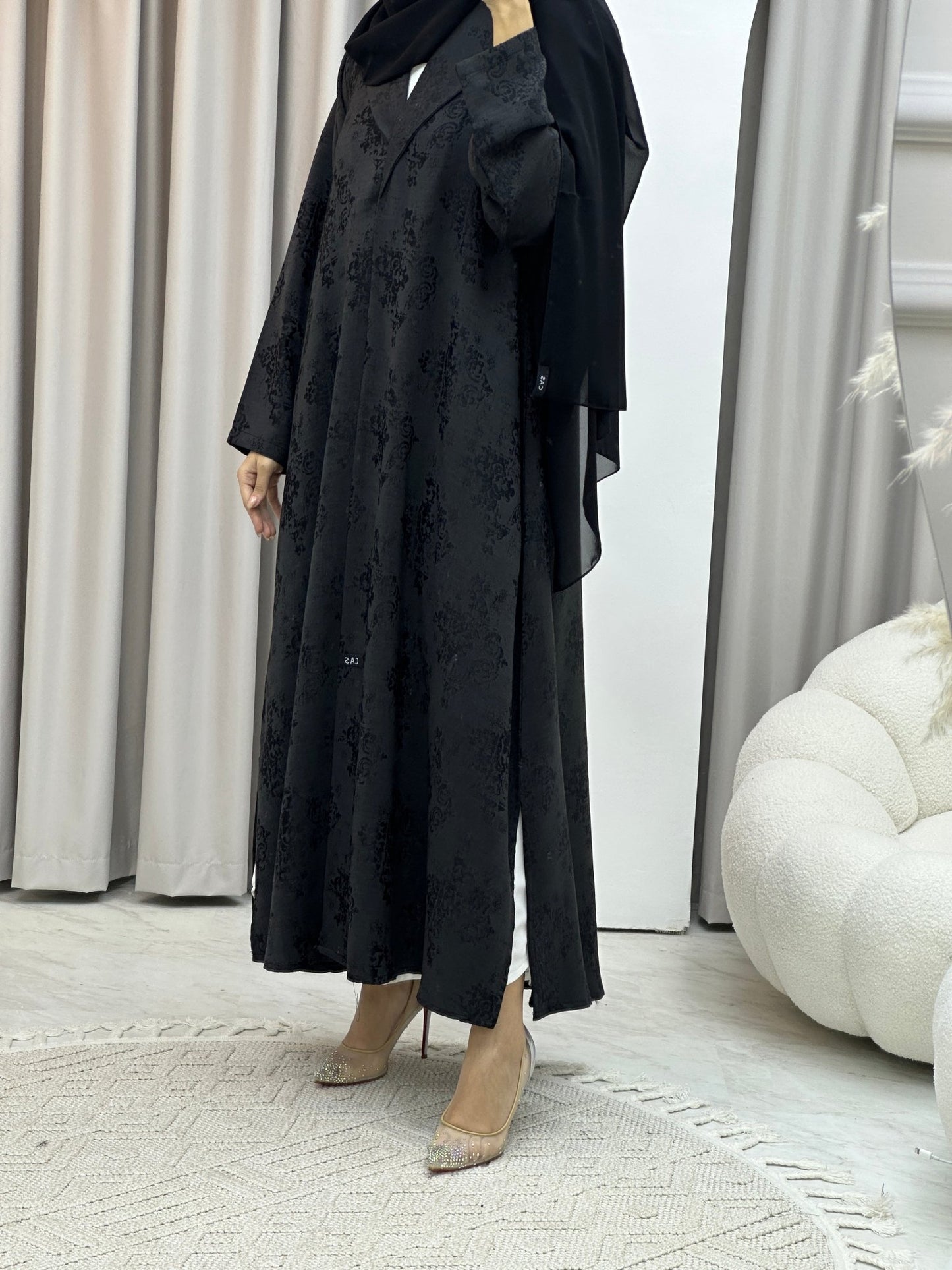 C Black Floral Print Coat Abaya Set