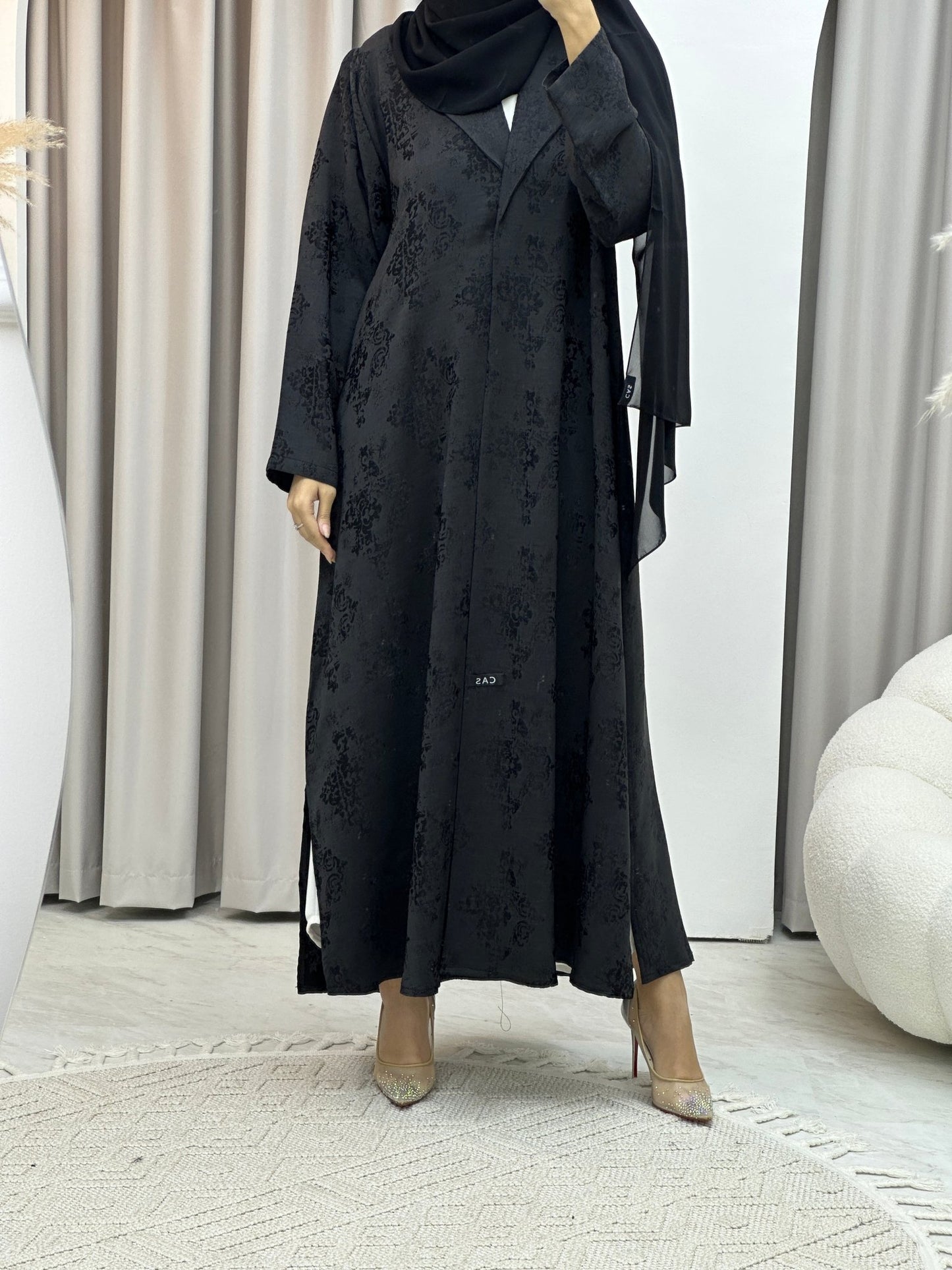 C Black Floral Print Coat Abaya Set