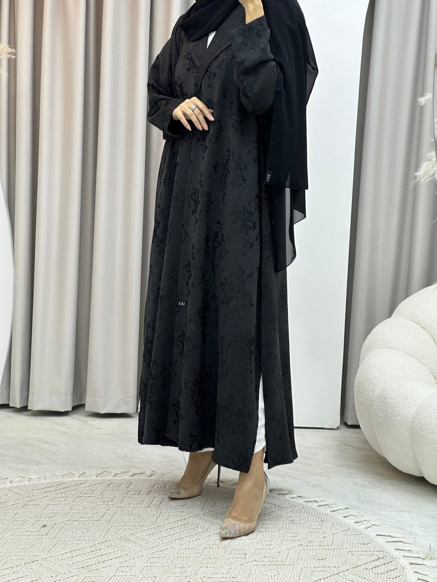 C Black Floral Print Coat Abaya Set