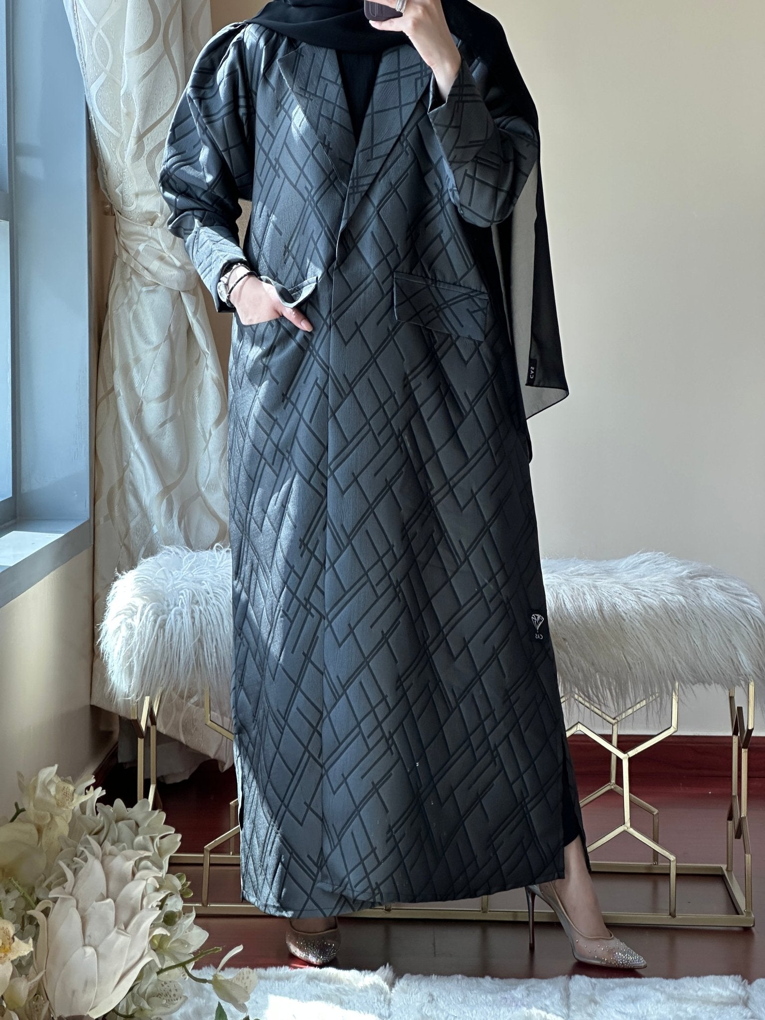 C - Black - Grey - Work - Abaya - Set - 112