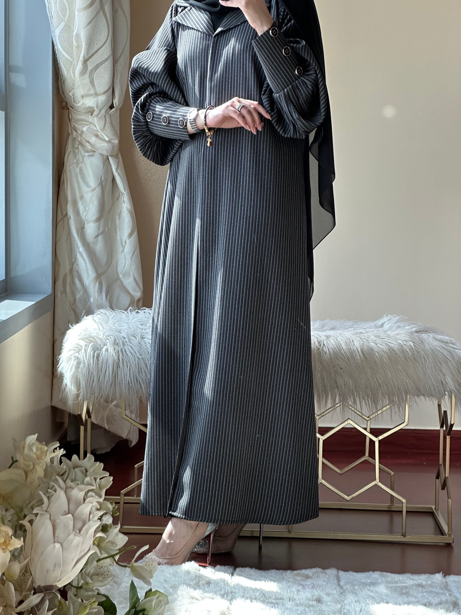 C - Black - LightGrey - Work - Abaya - Set - 109