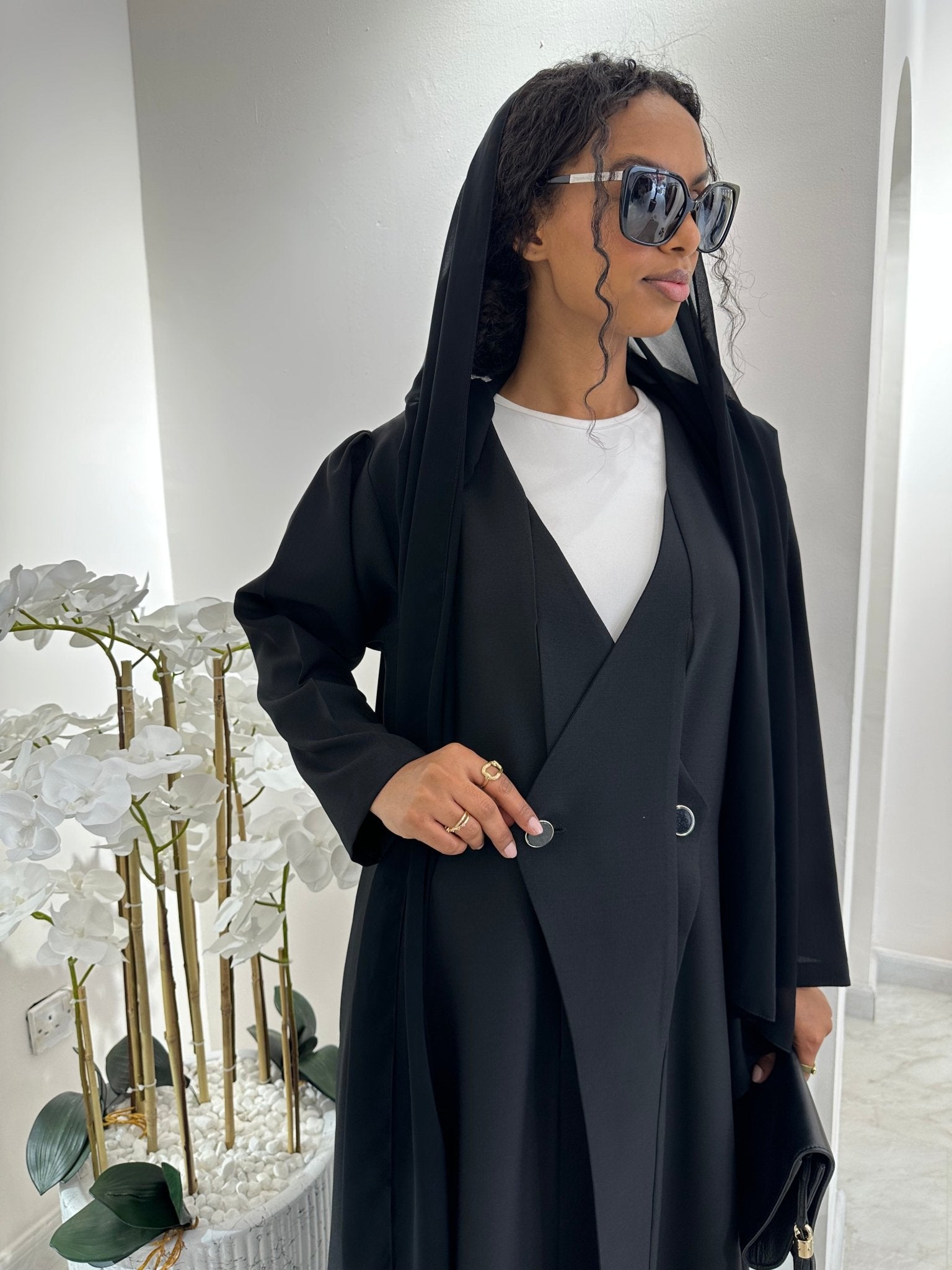 C Black Overlap Classic Work Coat Abaya