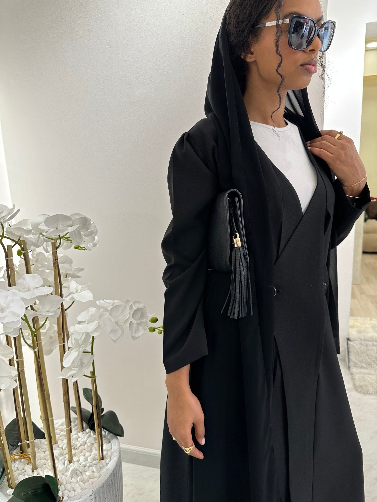 C Black Overlap Classic Work Coat Abaya