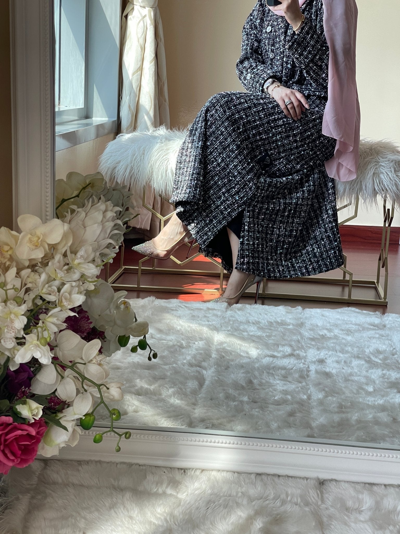 C - Black - Pink - Tweed - Abaya - Set - 2023