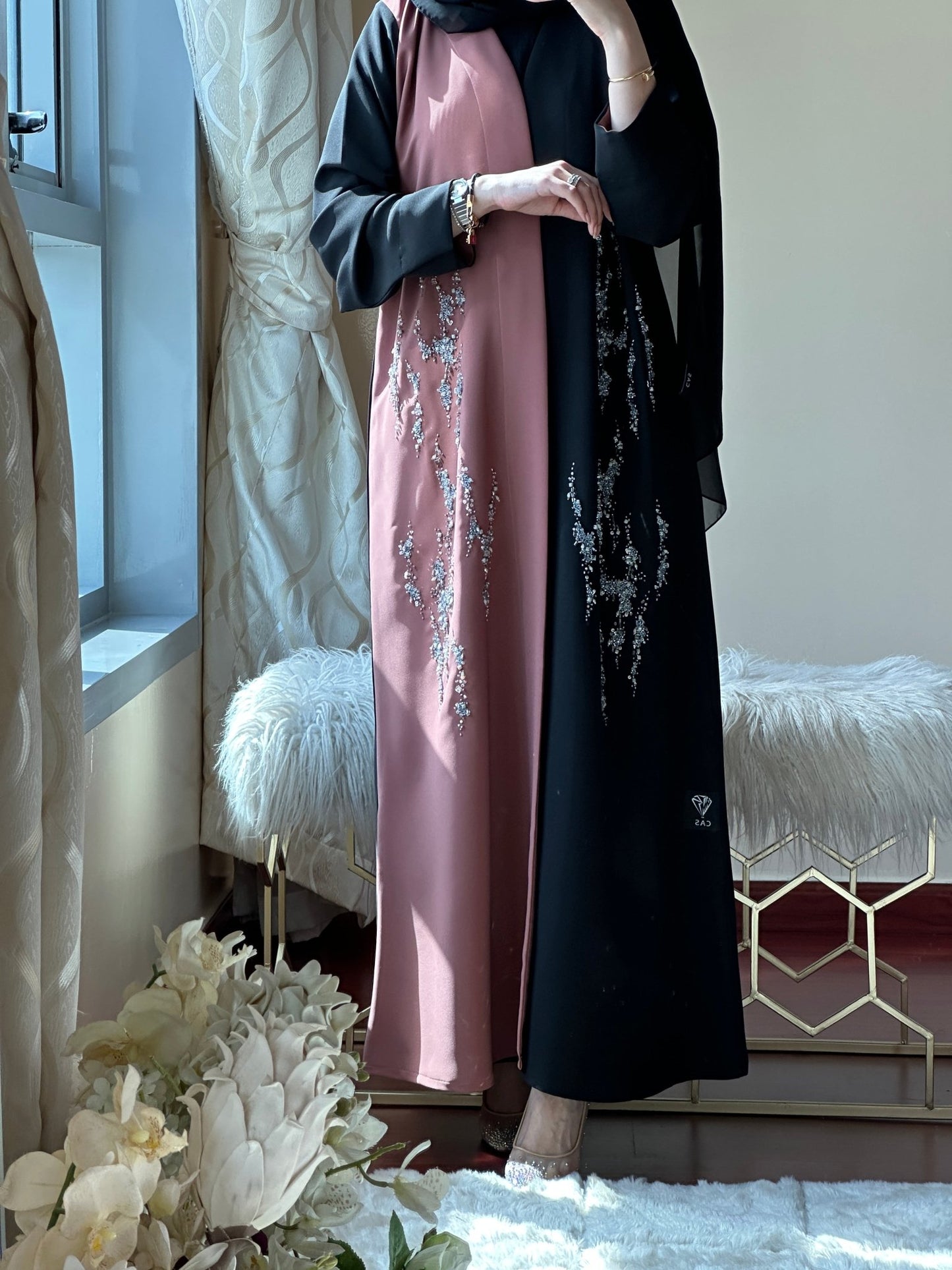 C - Black - Pink - Work - Abaya - Set - 111