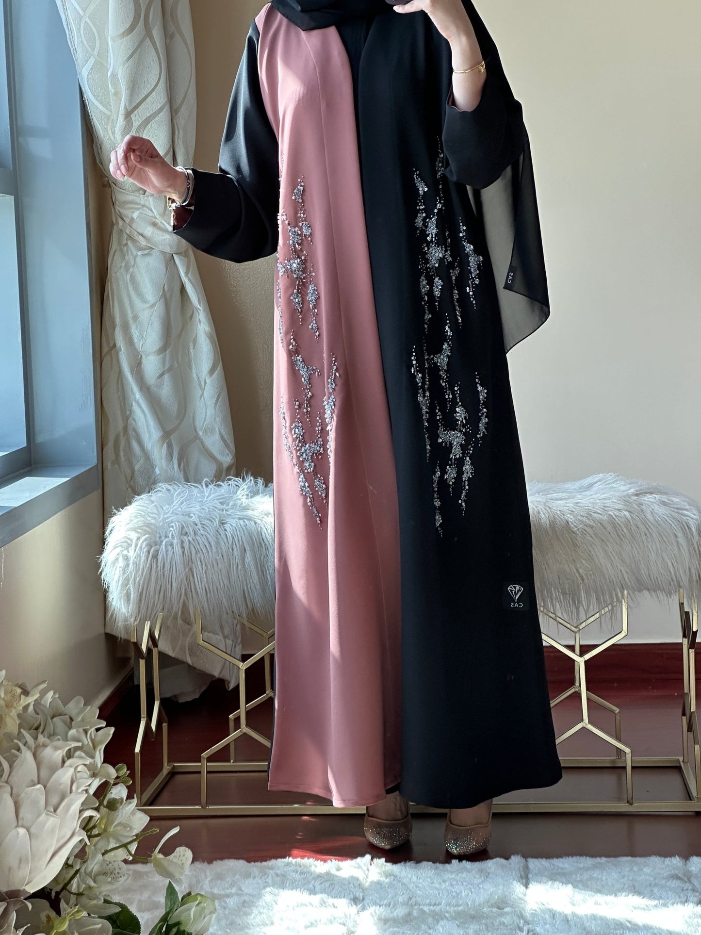 C - Black - Pink - Work - Abaya - Set - 111