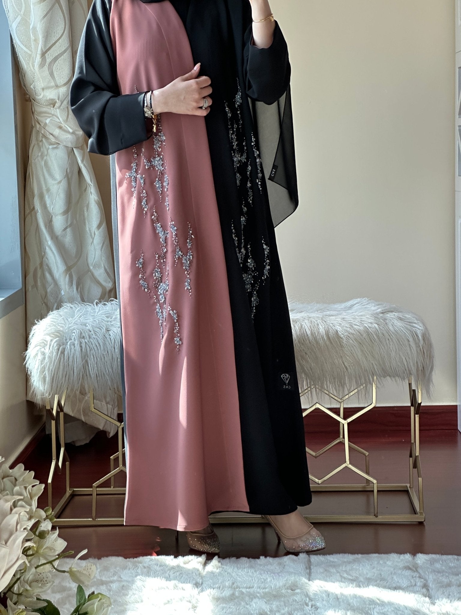 C - Black - Pink - Work - Abaya - Set - 111