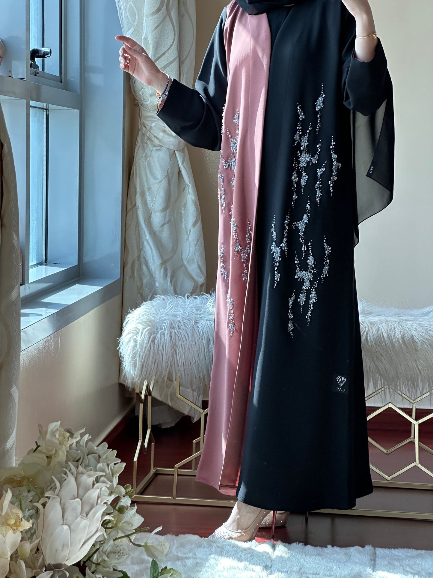 C - Black - Pink - Work - Abaya - Set - 111