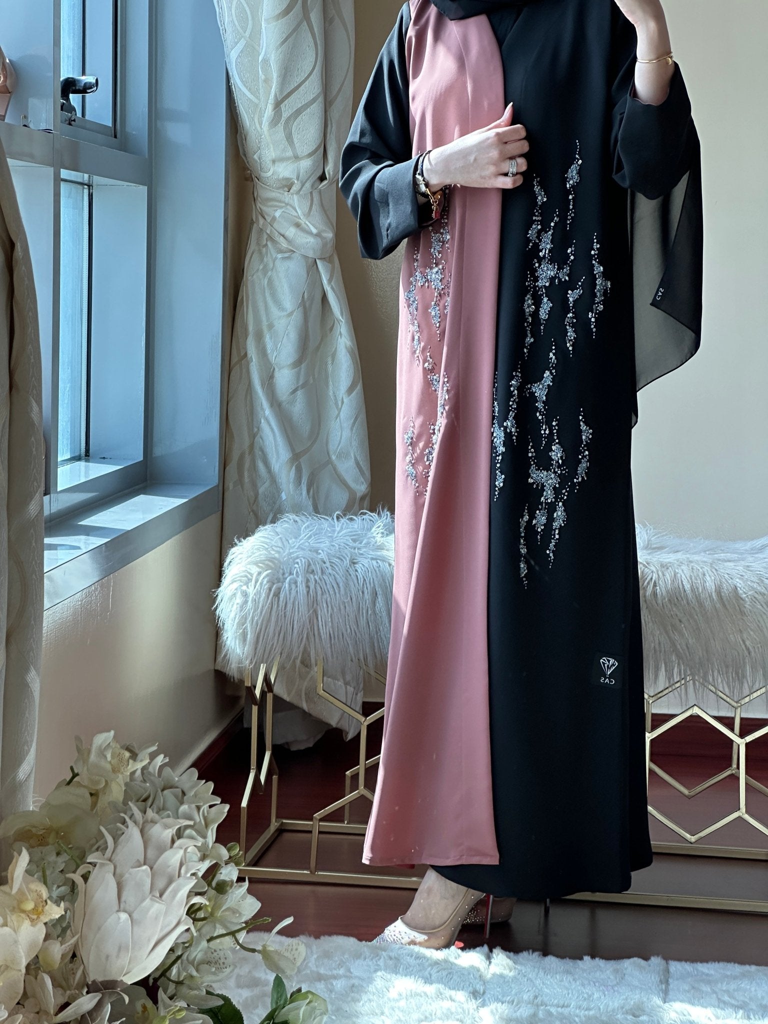 C - Black - Pink - Work - Abaya - Set - 111