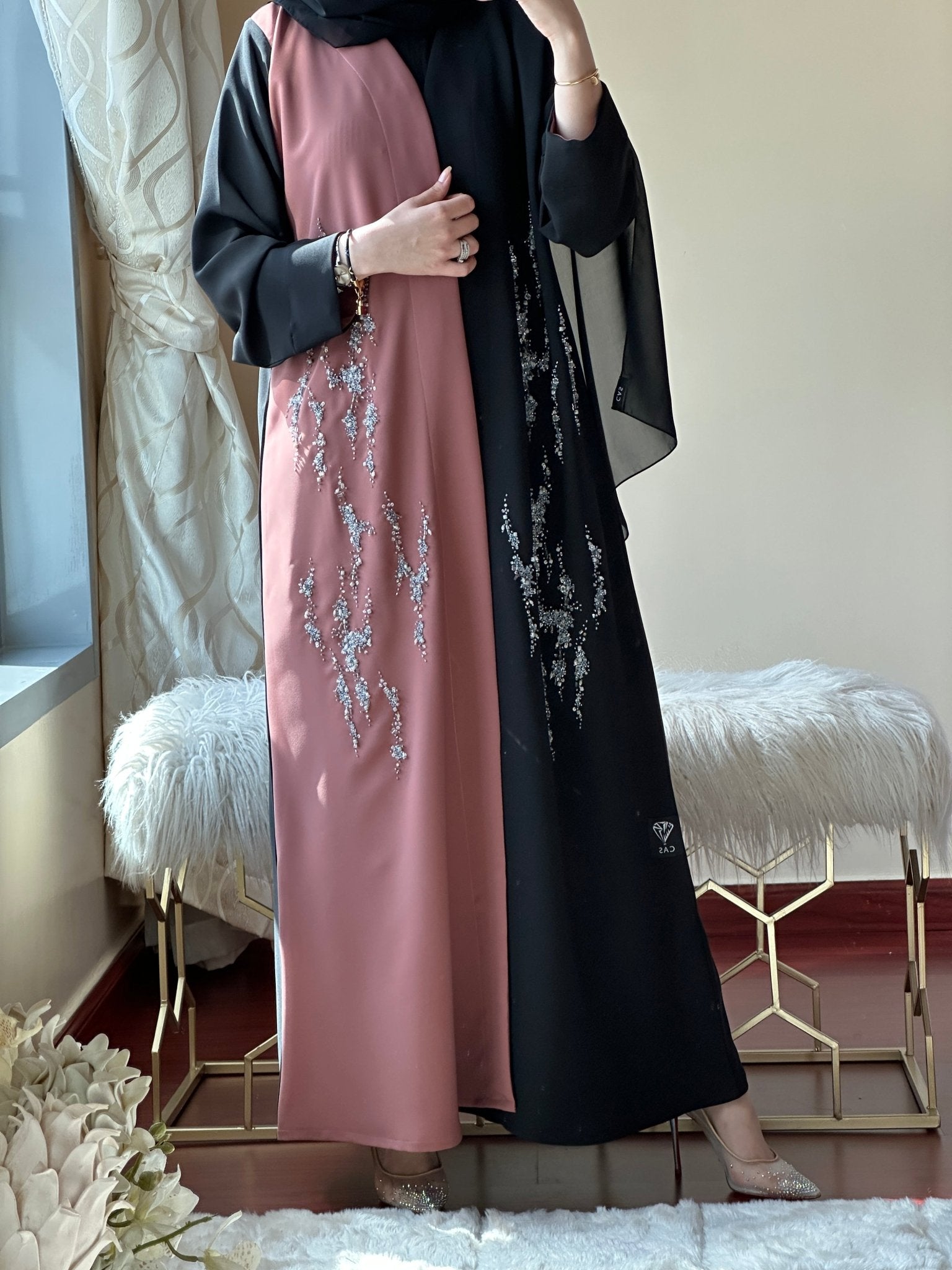 C - Black - Pink - Work - Abaya - Set - 111