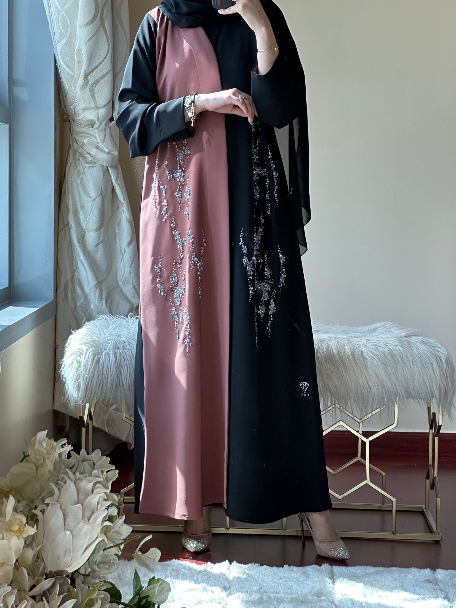 C - Black - Pink - Work - Abaya - Set - 111