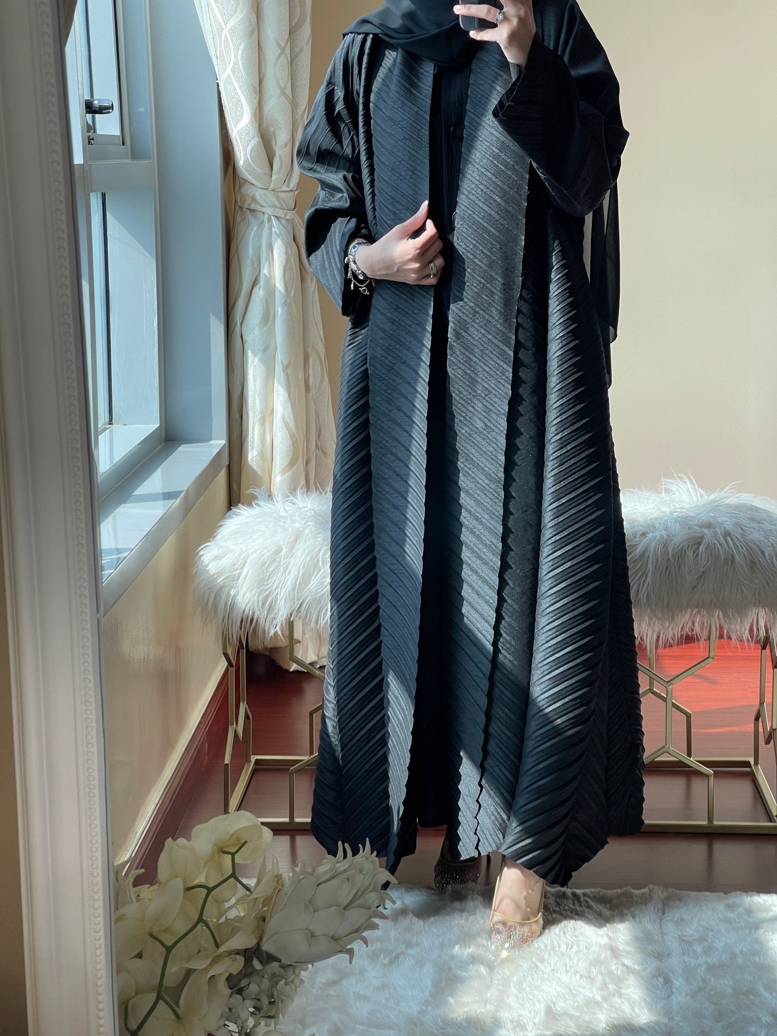 C - Black - Pleated - Abaya - Set - 57