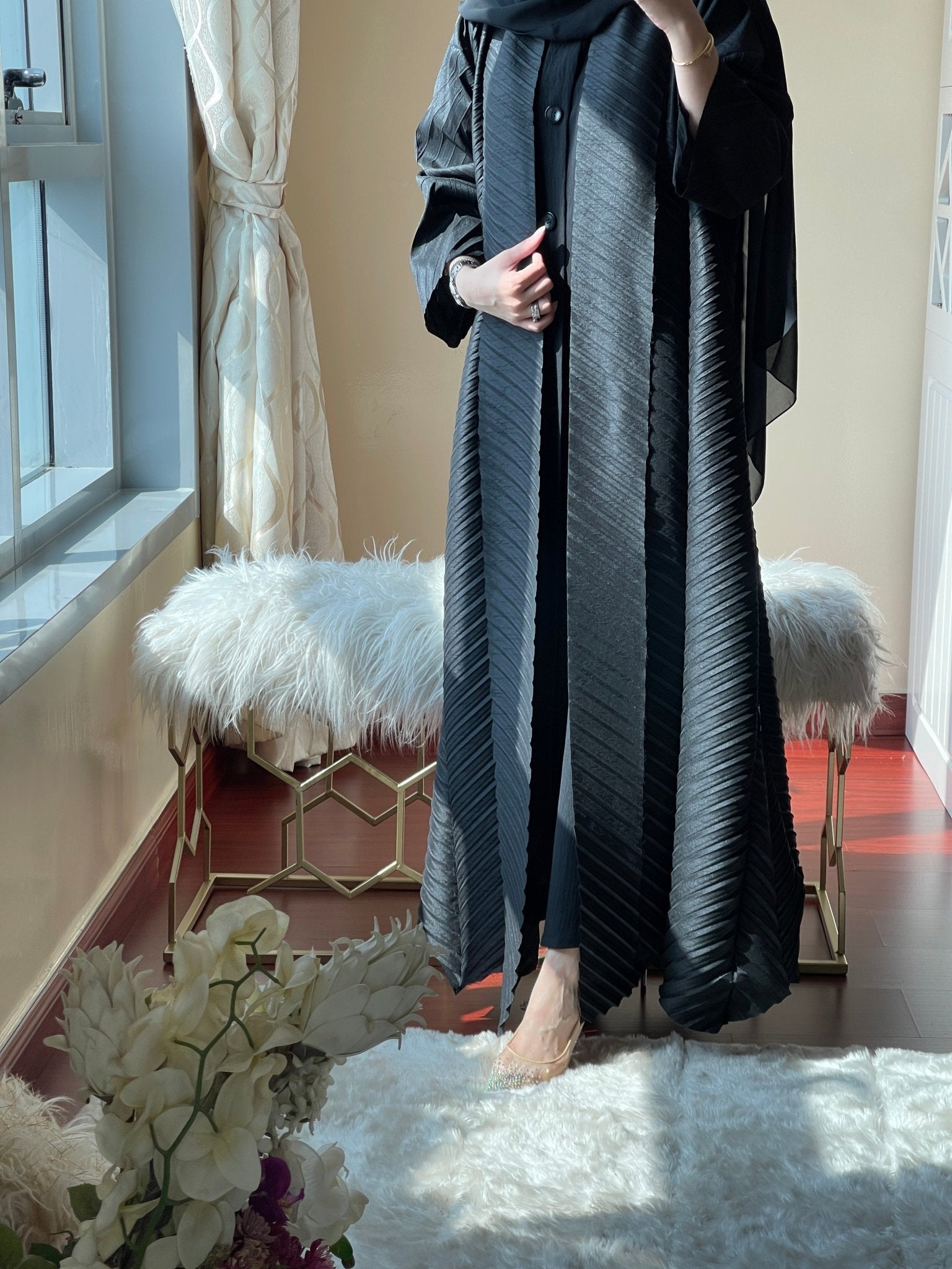 C - Black - Pleated - Abaya - Set - 57