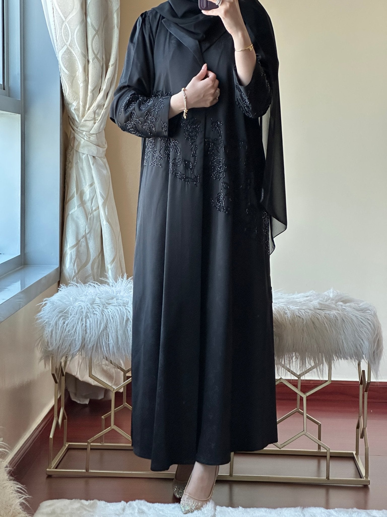 C - Black - Rose - Beadwork - Abaya - Set - 18