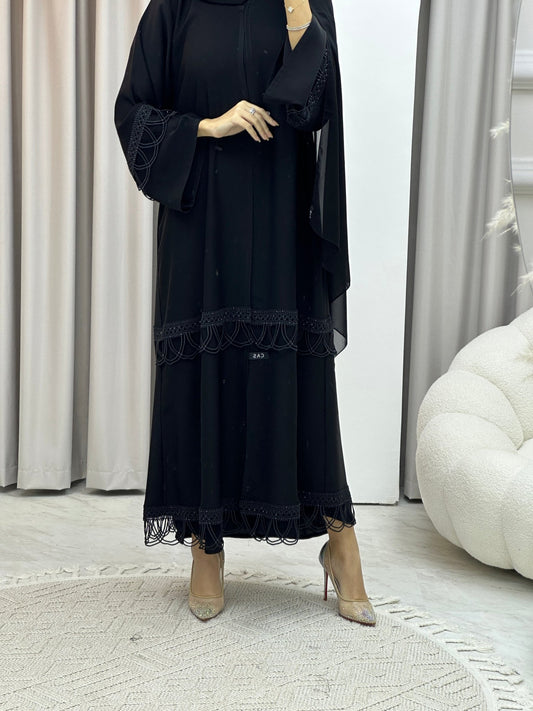 C Black Scallops Lace Abaya Set