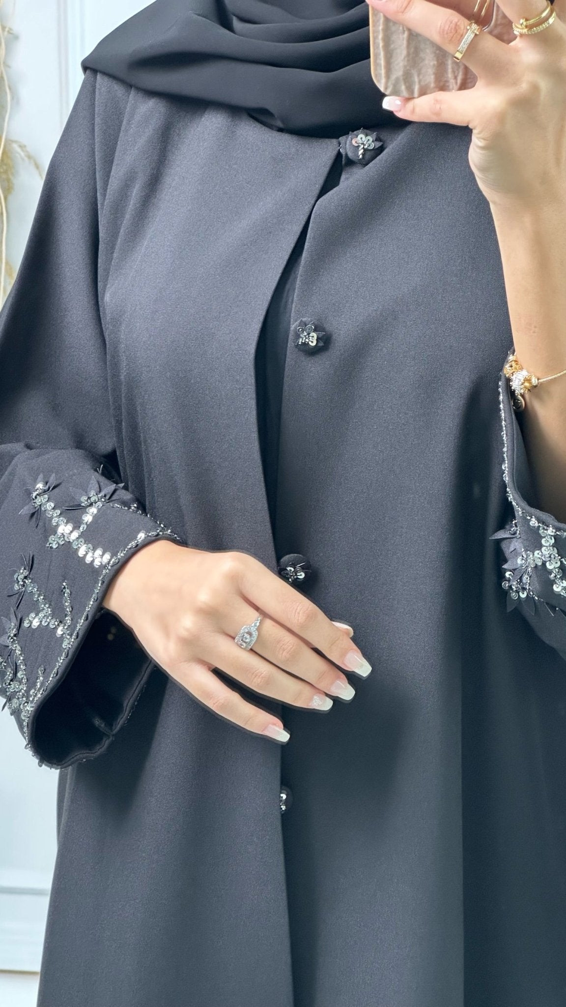 C Black Silver Embroidery Abaya Set