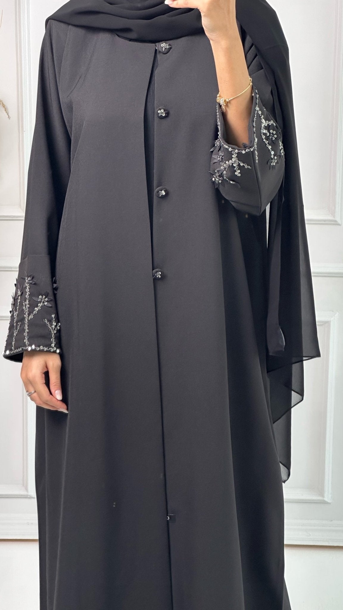 C Black Silver Embroidery Abaya Set