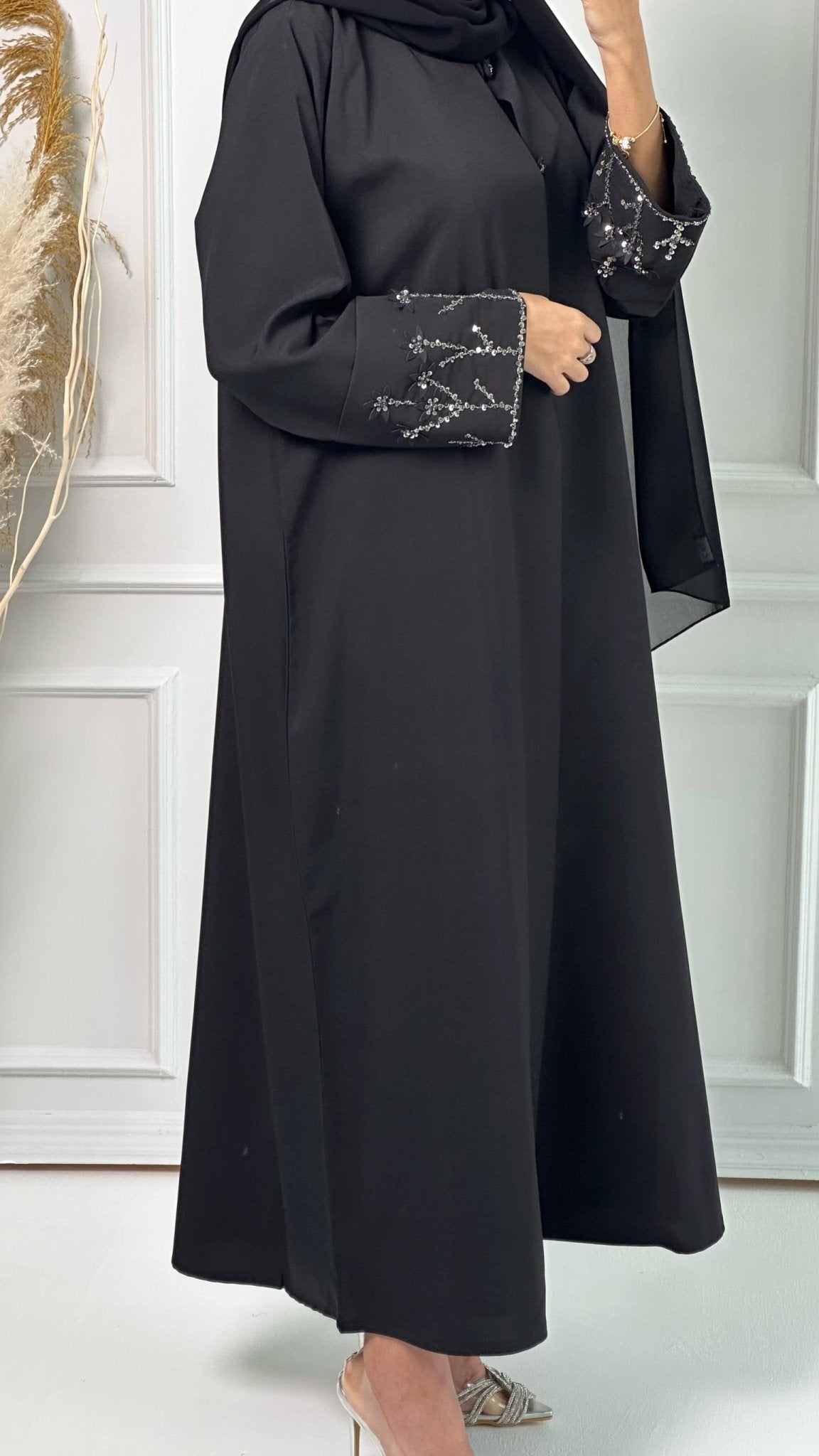 C Black Silver Embroidery Abaya Set