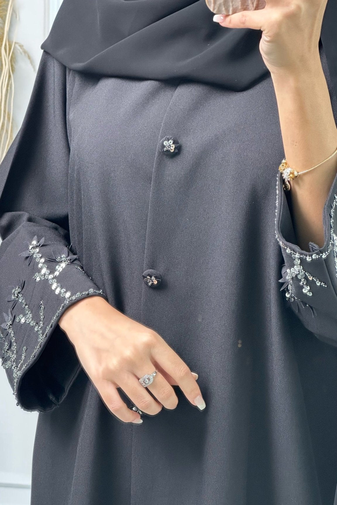 C Black Silver Embroidery Abaya Set