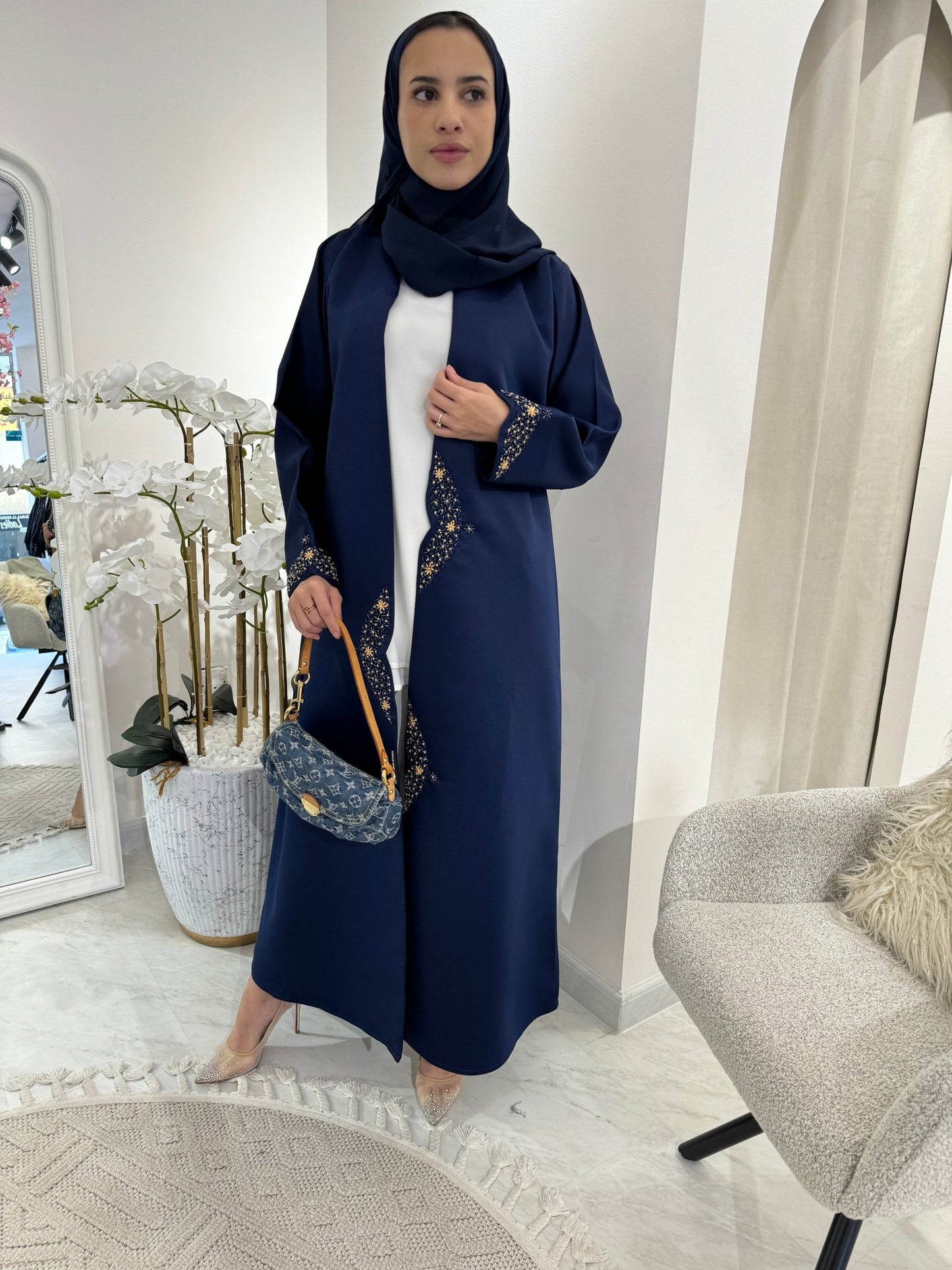 C Blue Beige Satin Eid Abaya