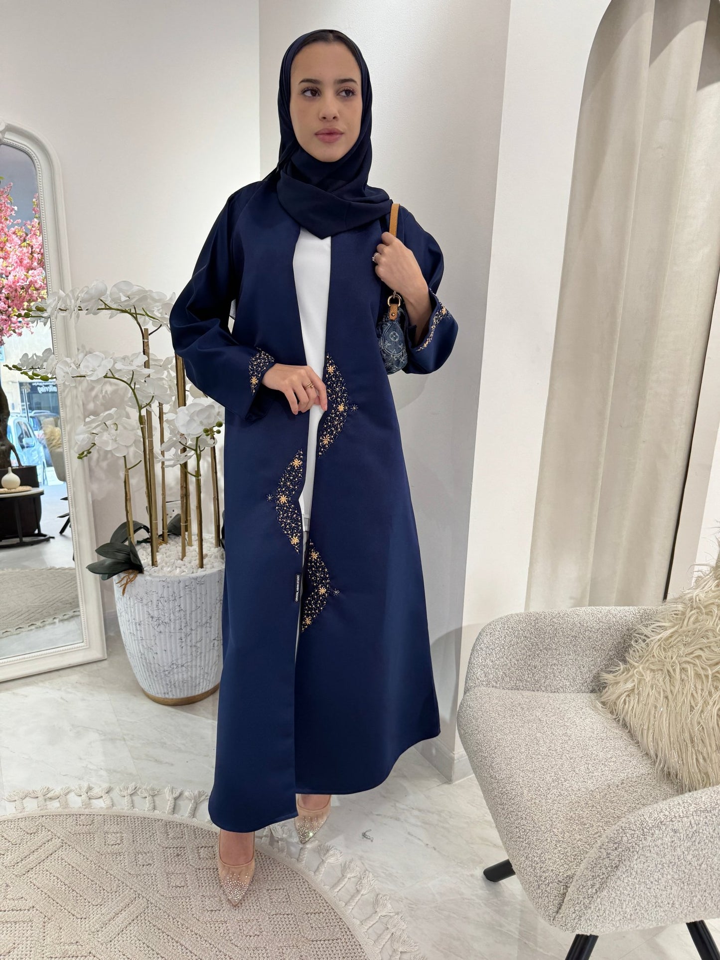 C Blue Beige Satin Eid Abaya