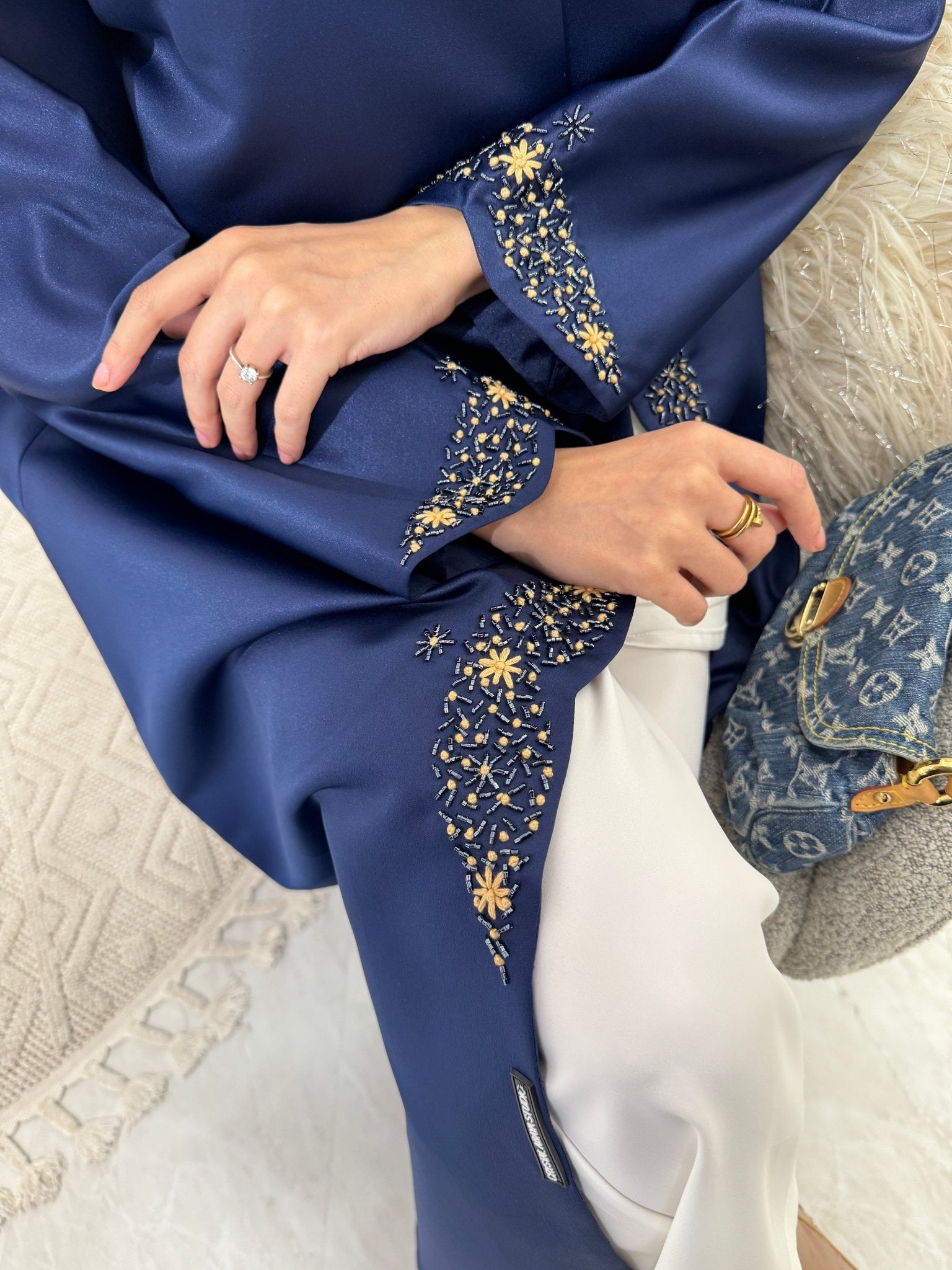 C Blue Beige Satin Eid Abaya