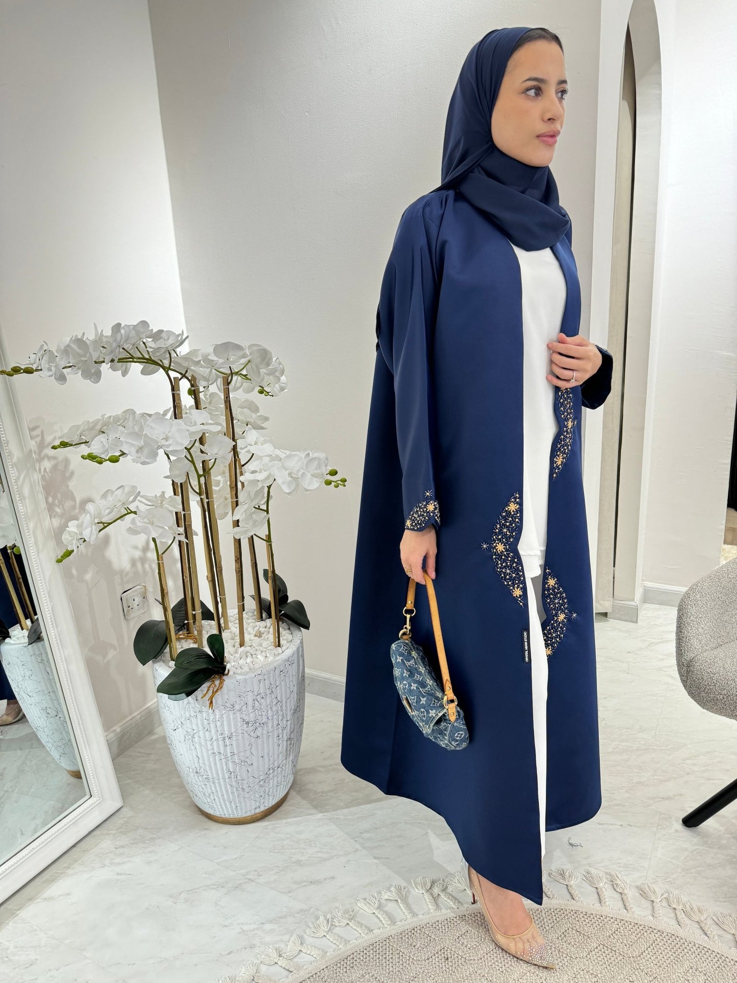 C Blue Beige Satin Eid Abaya