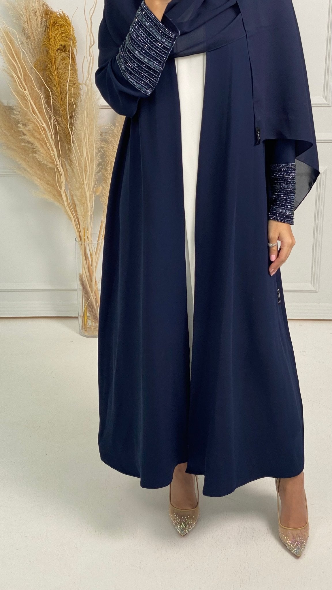 C Blue Bisht Embroidered Cuff Abaya