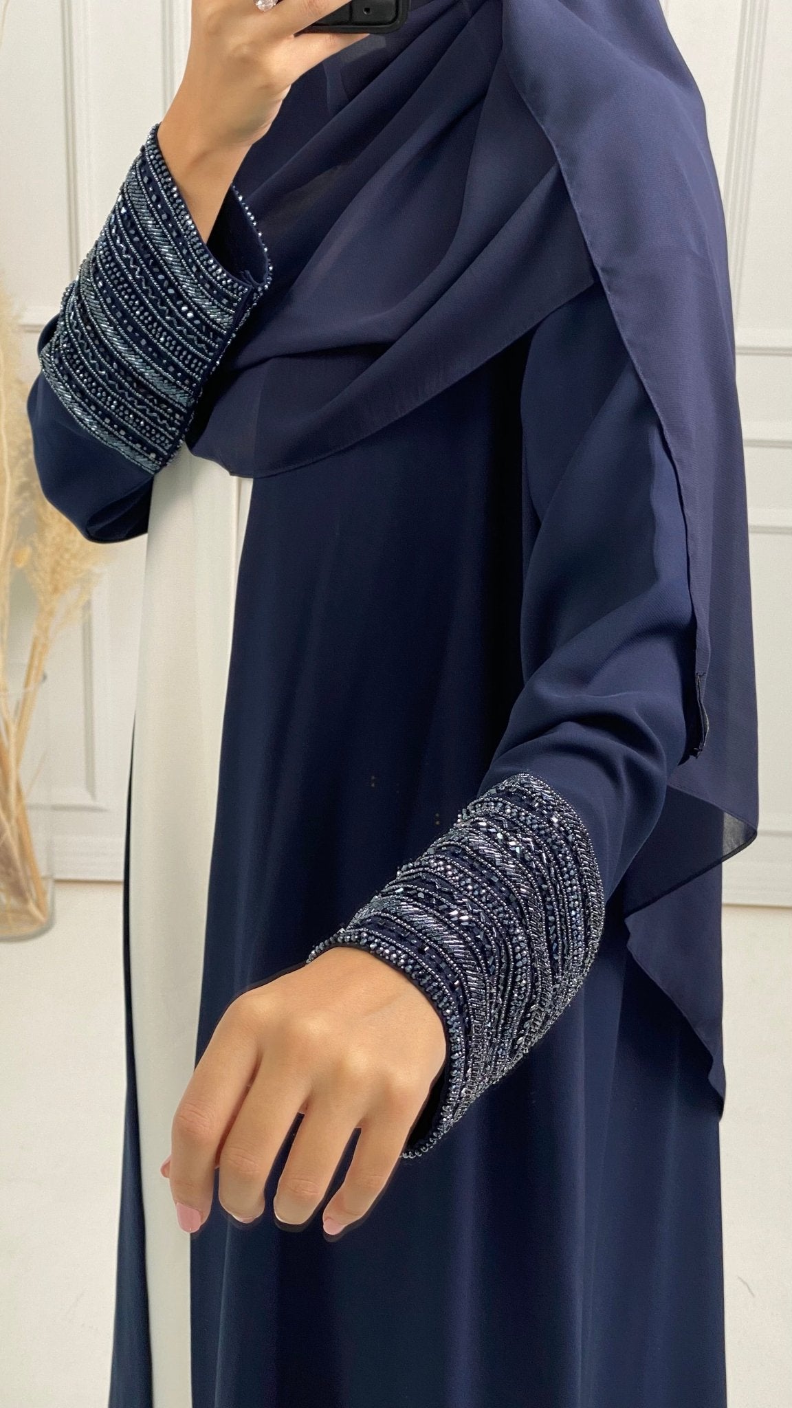 C Blue Bisht Embroidered Cuff Abaya