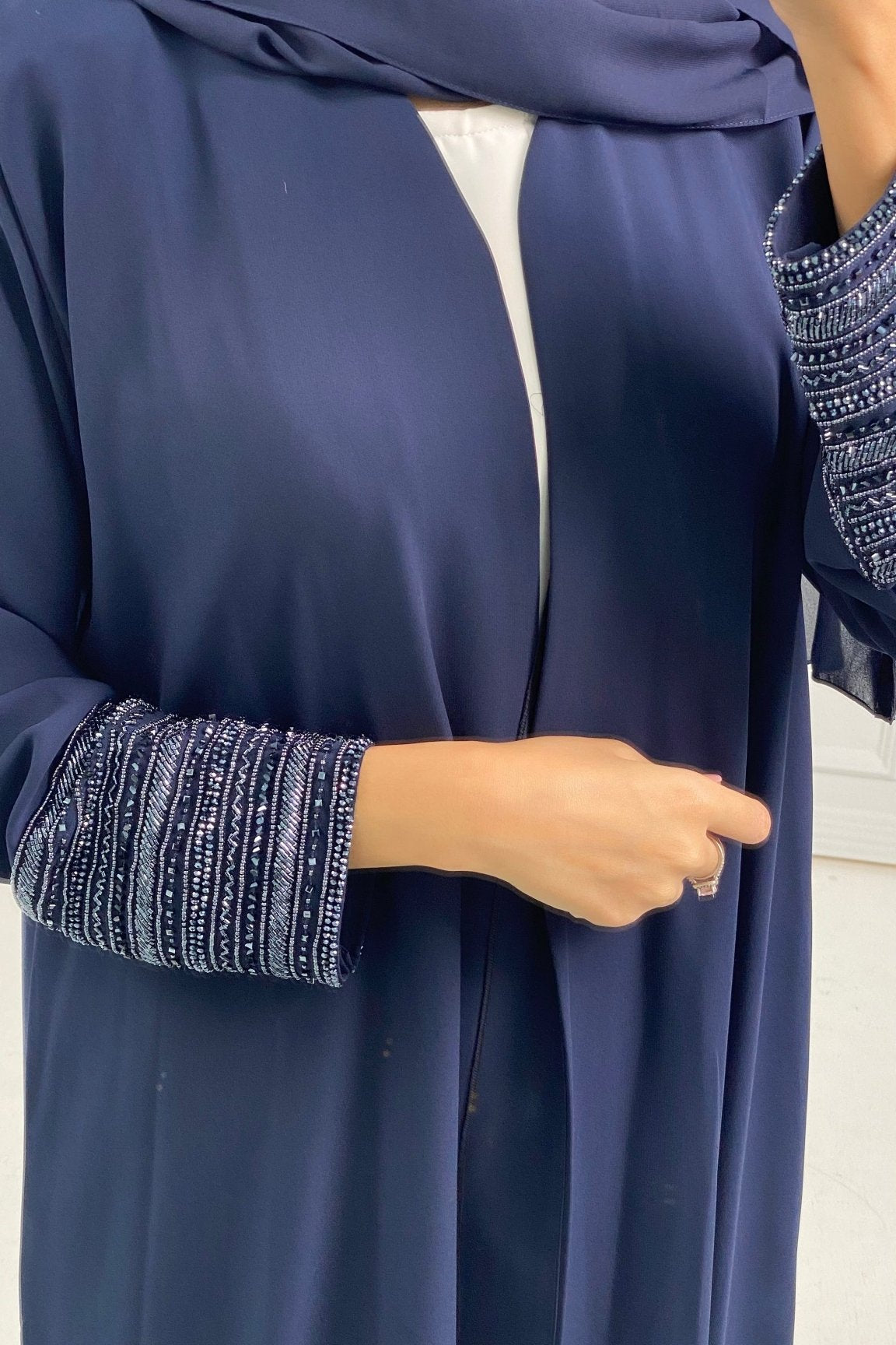C Blue Bisht Embroidered Cuff Abaya