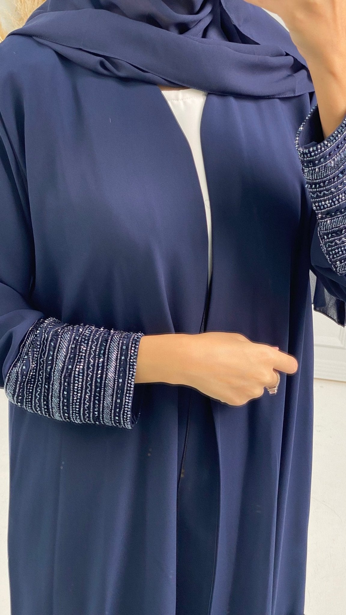 C Blue Bisht Embroidered Cuff Abaya