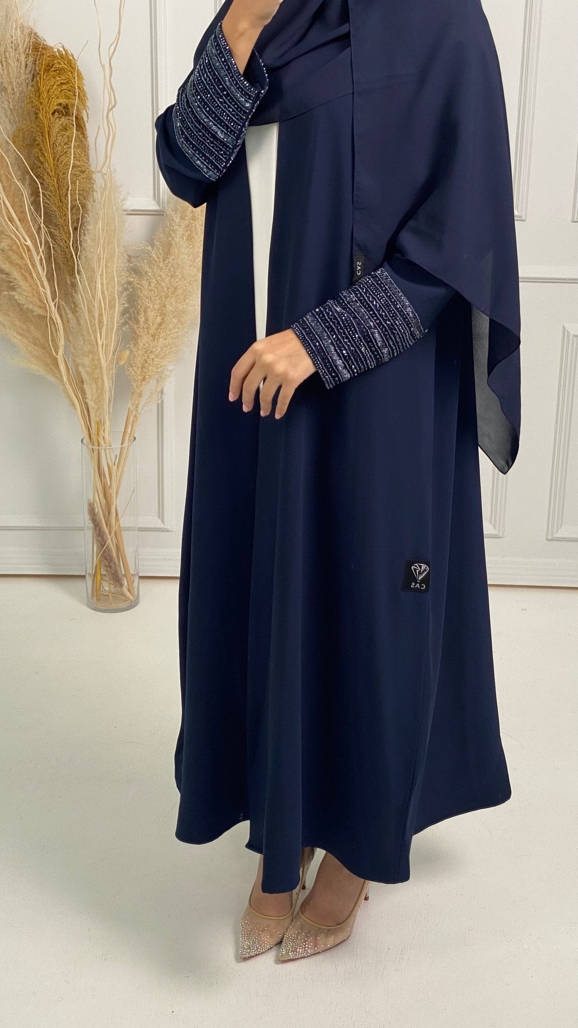 C Blue Bisht Embroidered Cuff Abaya