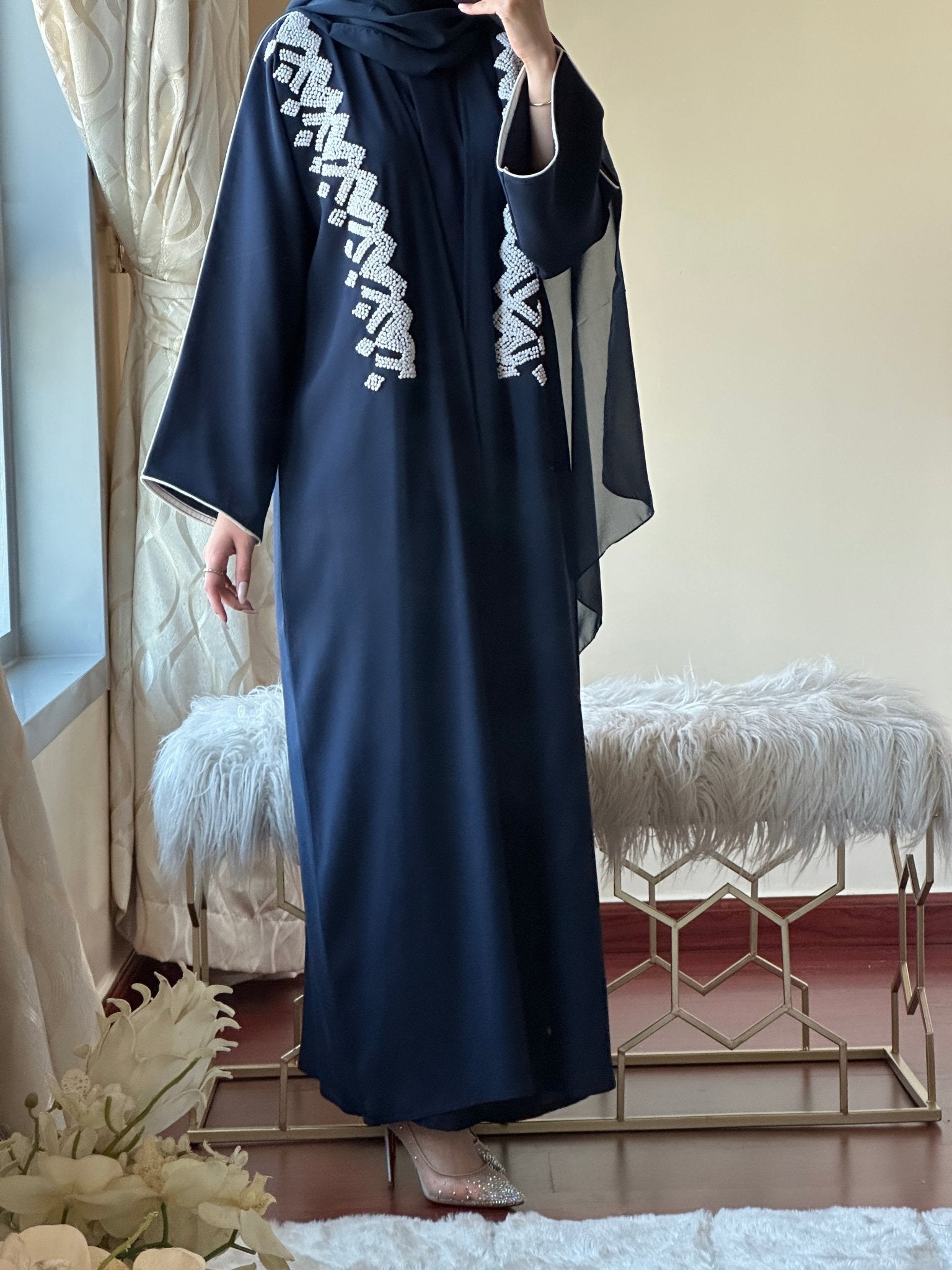 C - Blue - Crepe - Evening - Abaya - Set - 44
