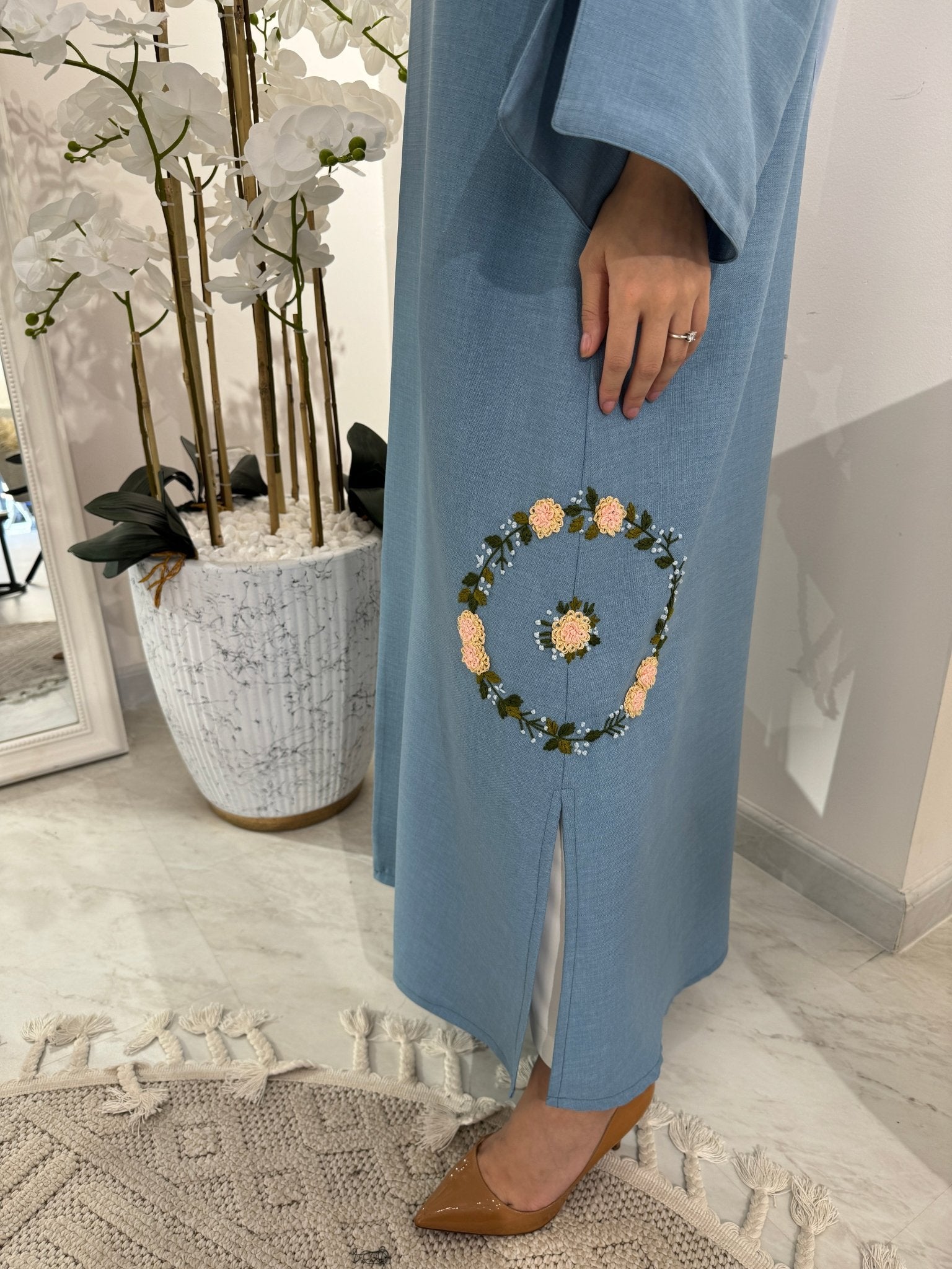 C Blue Floral Linen Embroidery Eid Abaya Set