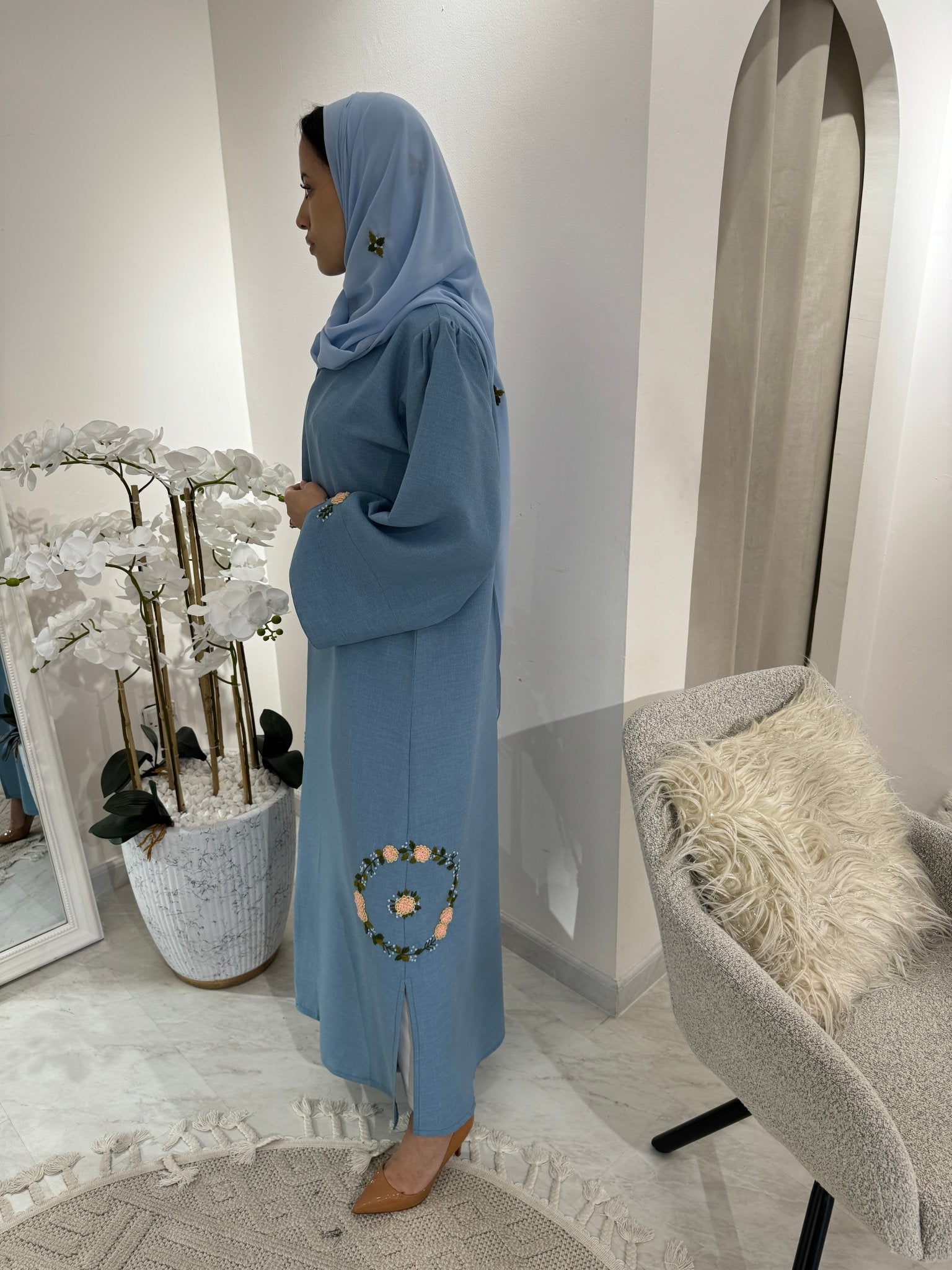 C Blue Floral Linen Embroidery Eid Abaya Set