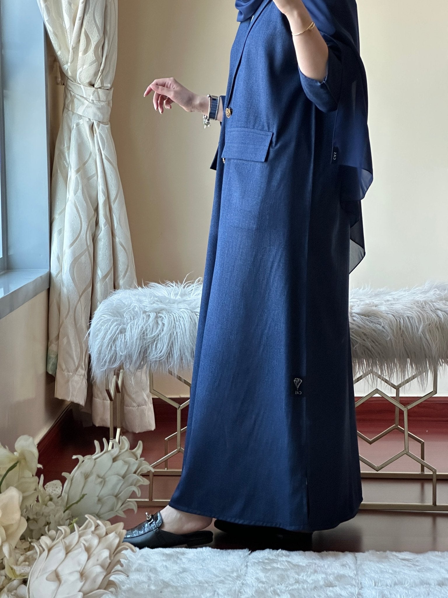 C - Blue - Linen - Coat - Abaya - Set - 01