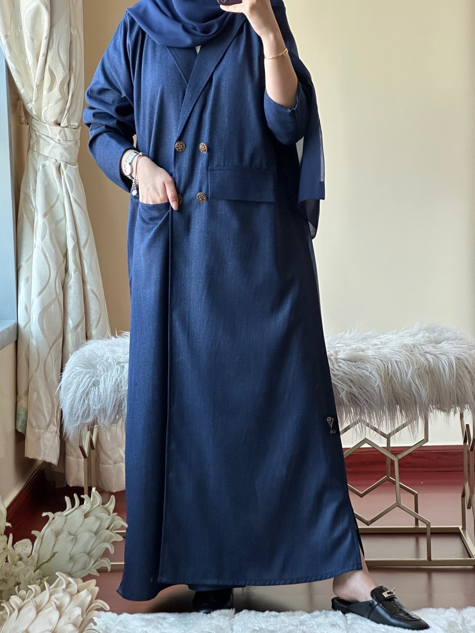 C - Blue - Linen - Coat - Abaya - Set - 01