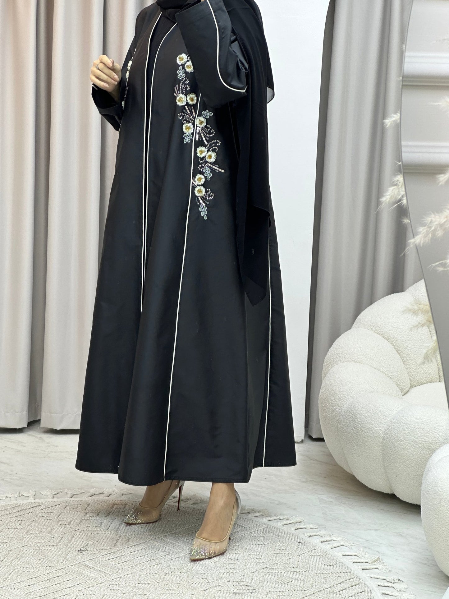 C Bridal Satin Floral Sequins Abaya Set