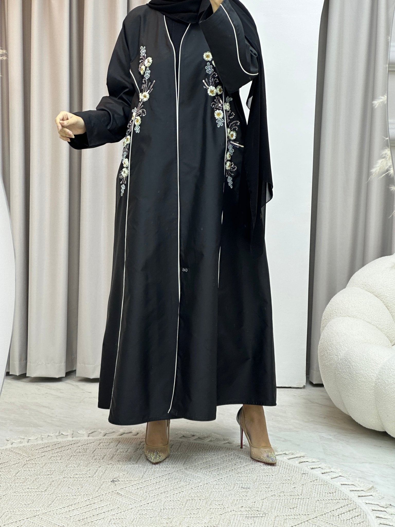 C Bridal Satin Floral Sequins Abaya Set